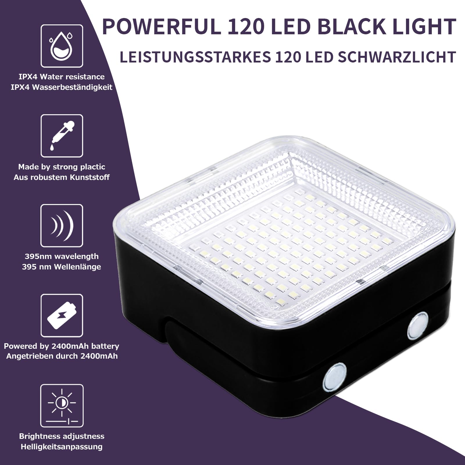 Luce nera ricaricabile, luce UV dimmerabile, 120 LED ultravioletti, adatta per feste al neon, Halloween, body painting, vernice UV, effetto fluorescente