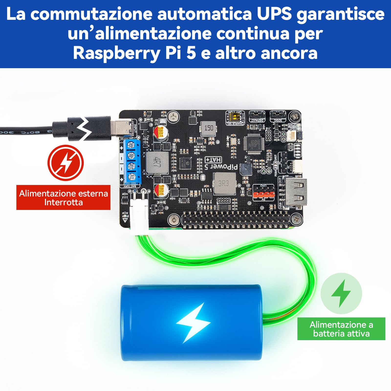 SunFounder PiPower 5 Alimentatore UPS HAT 5V/5A per Raspberry Pi 5/4B/3B+/Zero 2 W/Arduino/Pironman 5/Max/Mini, batteria ricaricabile, spegnimento sicuro, dashboard intelligente