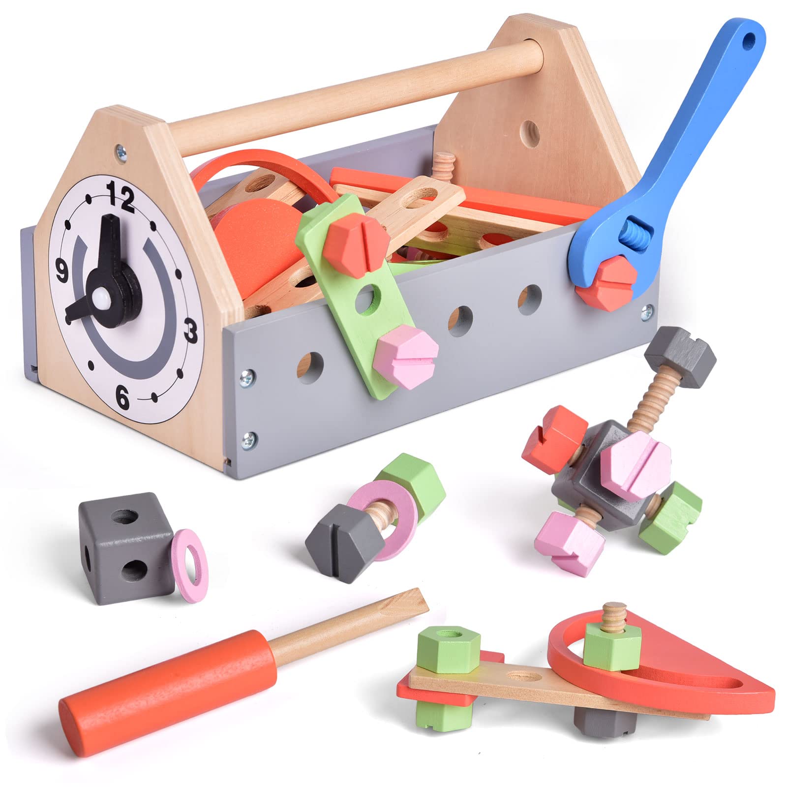 45 PCs Wooden Tool Set for Toddlers, Pretend Play Construction Kids Tool Set with Wooden Tool Box and Accessory Play Set, Creative Gift for Boys Girls