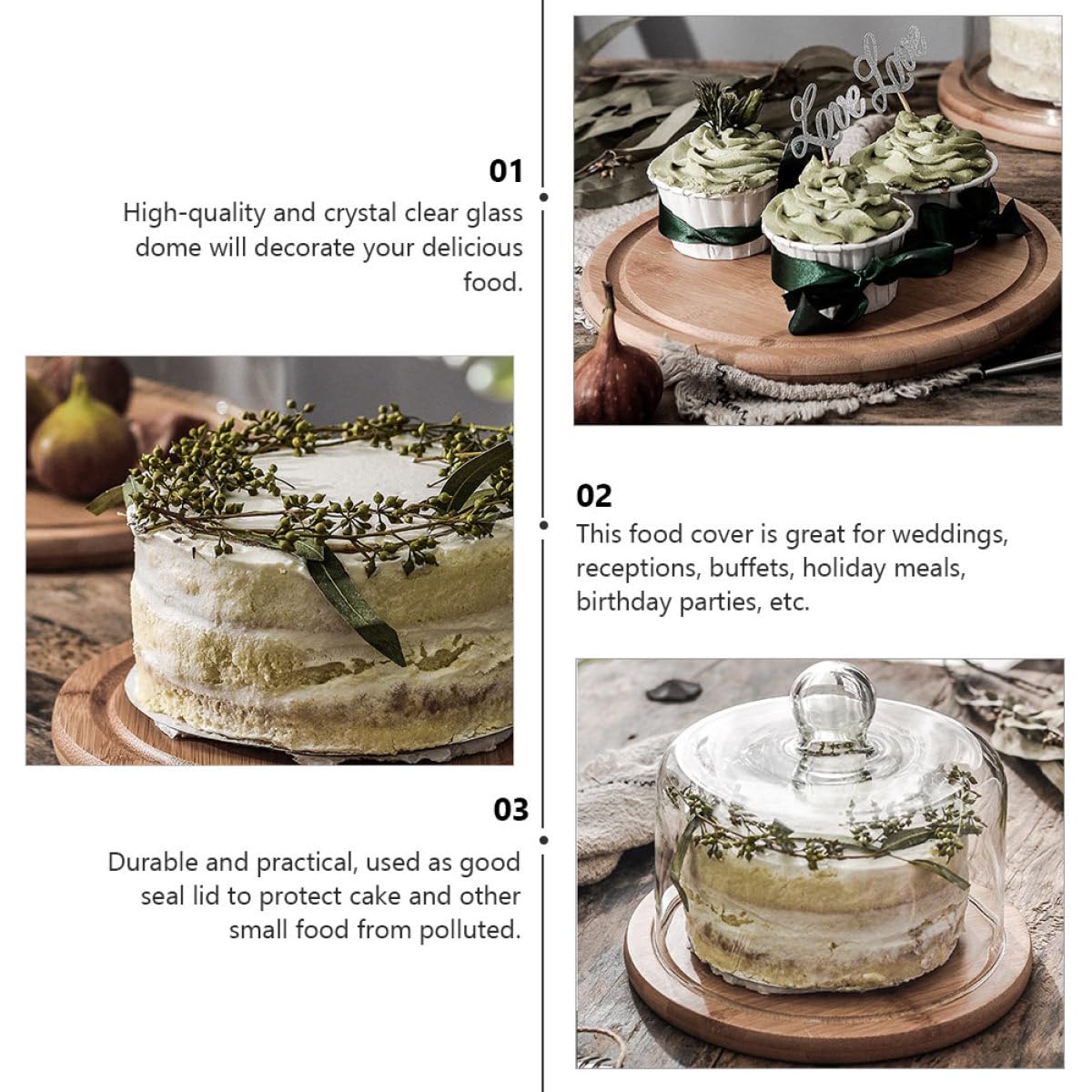 Couvercle à Gâteau en Verre et Bois, Dôme Hermétique Portable pour Aliments