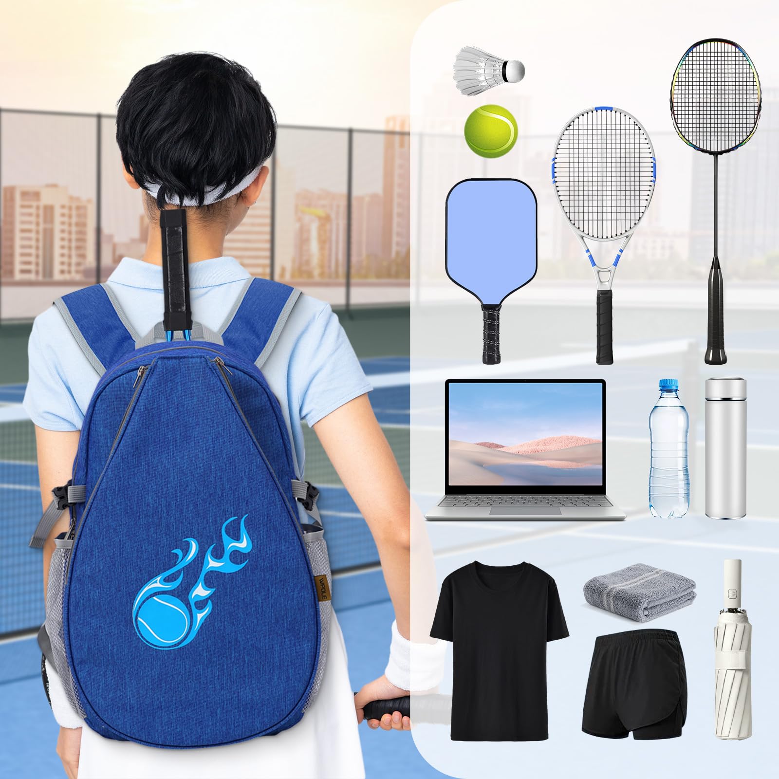 harayaa Kids Tennis Racket Bag Organizer Duffle Bag Pickleball Paddles Sac à dos Sac de transport pour bouteille d'eau, Badminton Paddle, garçons filles, bleu profond