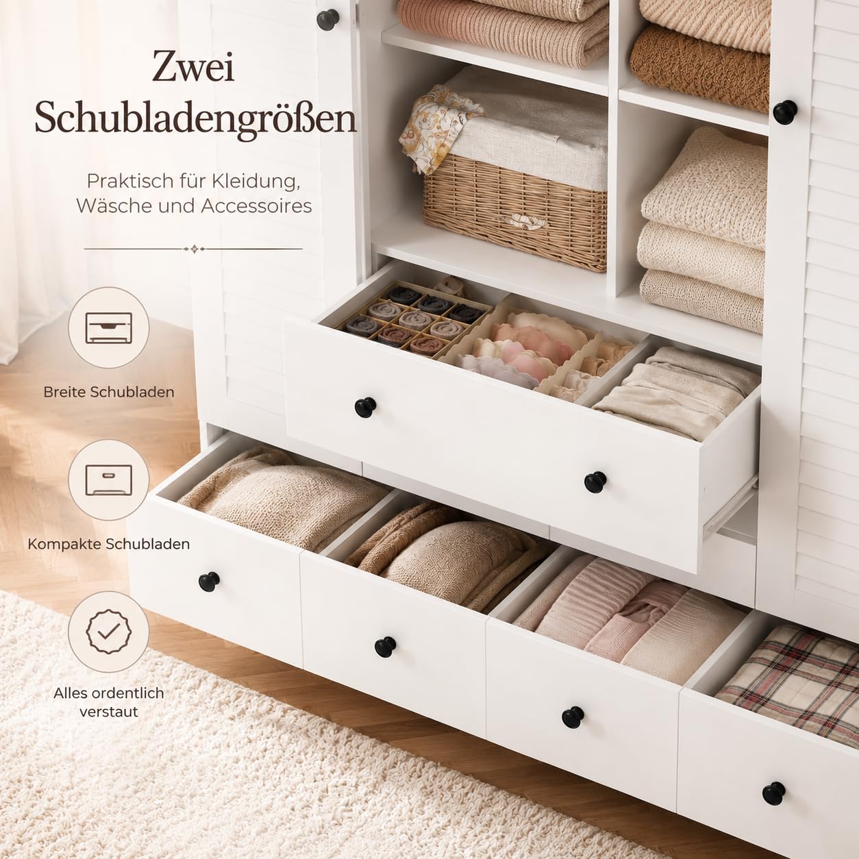 Kleiderschrank mit 4 Türen & 5 Schubladen, 150 × 180 cm, Weiß