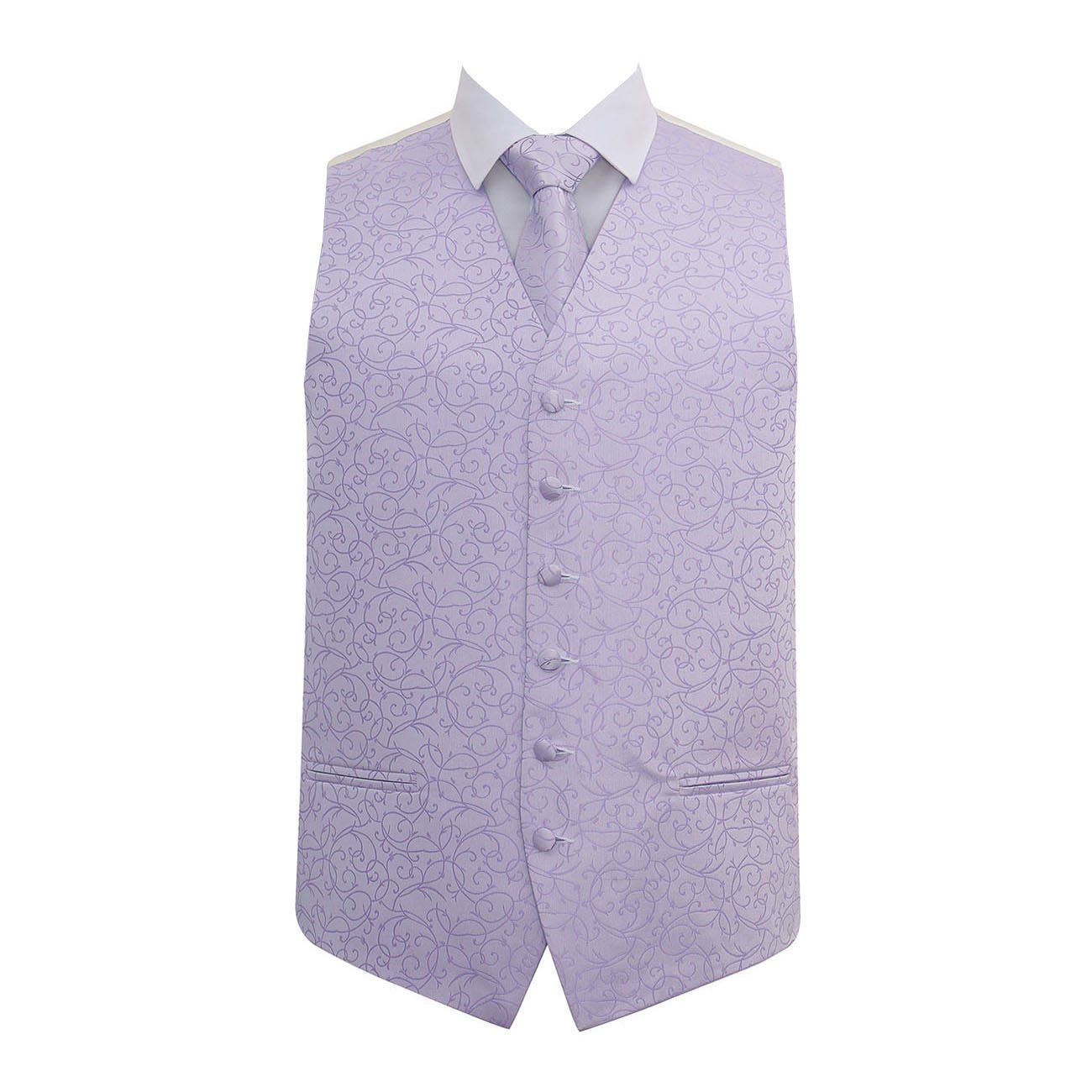 Dqt Men's Lilac Swirl Floral Jacquard Waistcoat & Tie Set (2Pc) - Wedding, Business & Formal - 48" (4Xl)