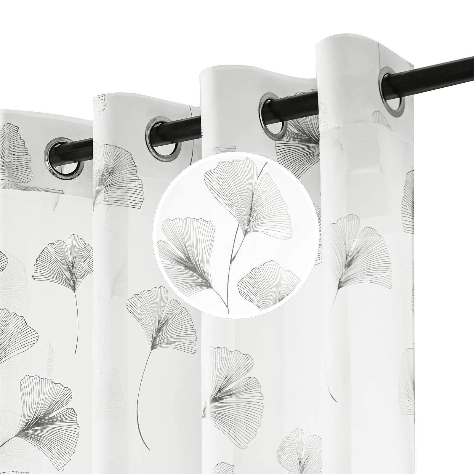 youleyar Silver Foil Print Voile Sheer Curtains, Leaves Grommet Top Window Drapes 84 Inches Long, Luxury Metallic Bronzing Treatment Panels for Home