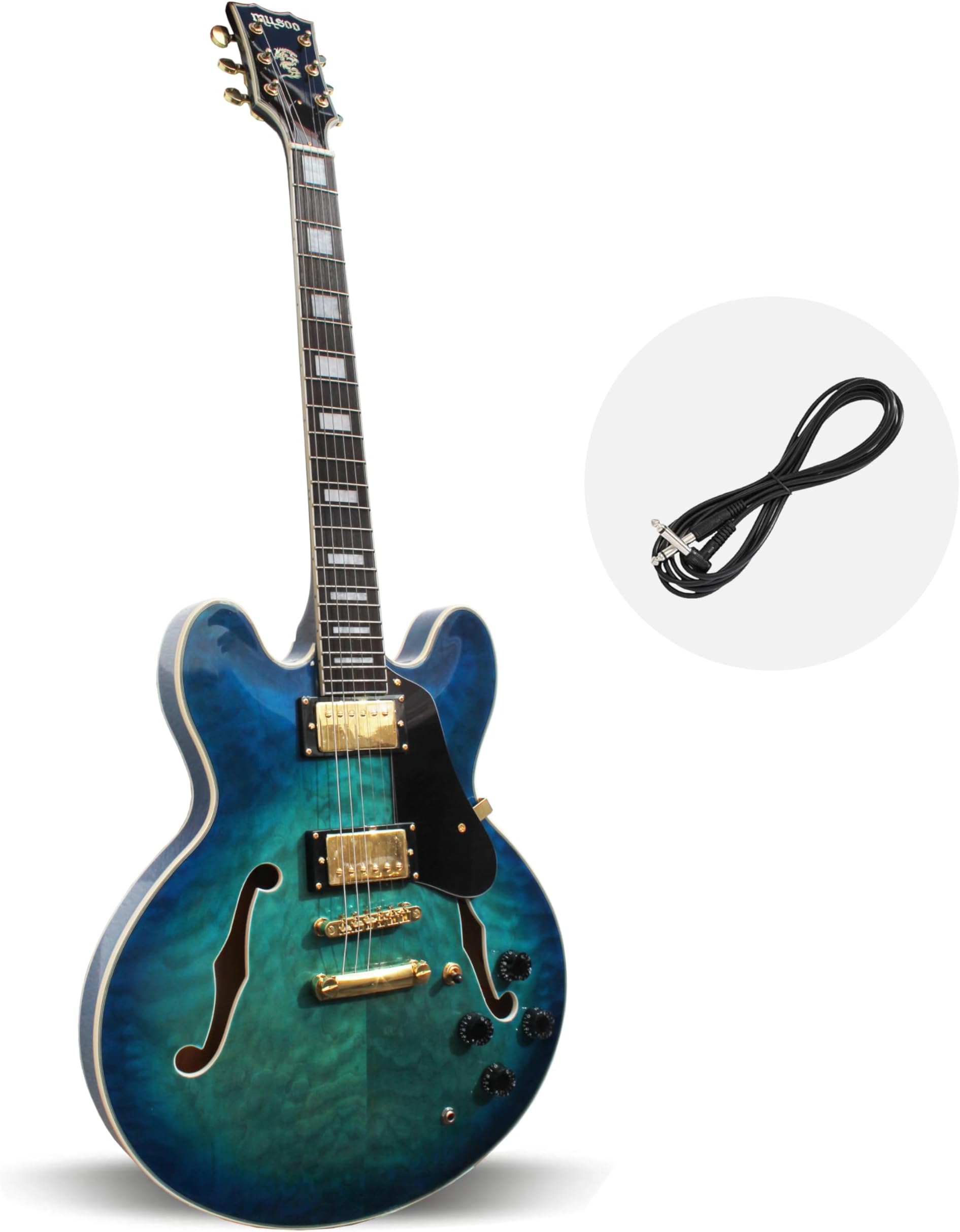 Semi-hollow body electric jazz guitar, Mahogany with quilted maple veneer body, Maple neck, Ebony fingerboard