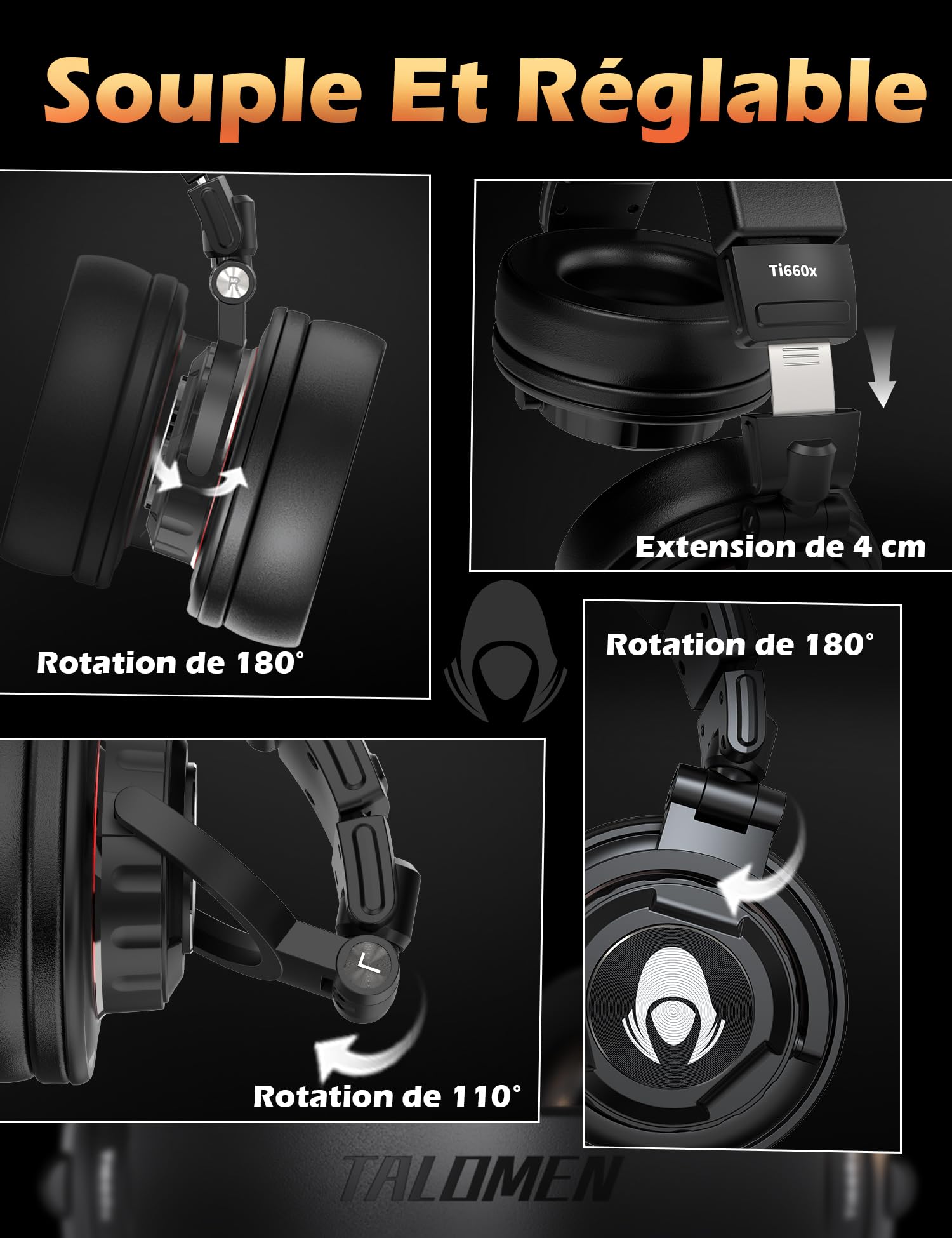 talomen Ti660x Casque Filaire Audio Over Ear，Coussinets remplaçables, Gamme de fréquences 10Hz à 40kHz, pour Le mixage, Le Mastering et l'édition, idéal pour l'enregistrement et Le mixage en Studio