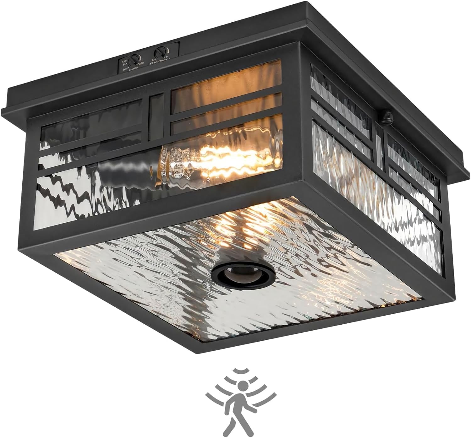 Deckenleuchte mit Bewegungsmelder 2 Flammig E27 Retro Deckenlampe Quadrat Flurlampe Schwarz Industrial Deckenbeleuchtung mit Klares Glas Innen Beleuchtung für Flur Balkon Esszimmer (Ohne Glühbirne)