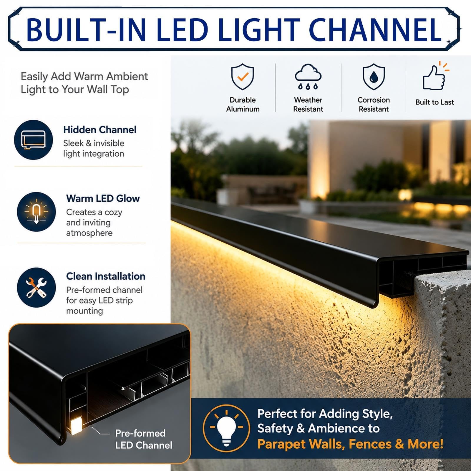 Albardilla Aluminio con Ranura para LED, para Muros De Ladrillo