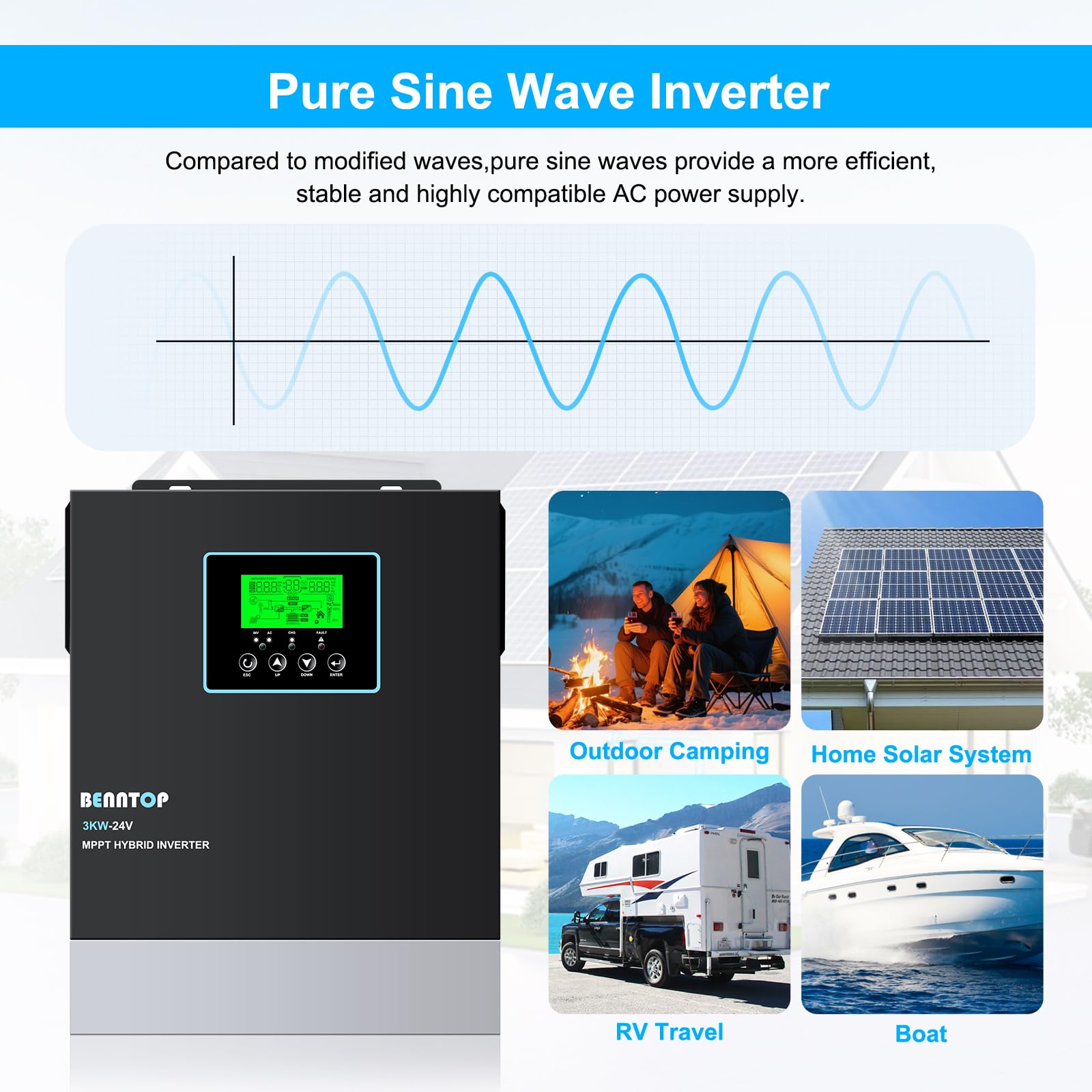 3000W Hybrid Solarwechselrichter Off Grid 24V DC zu 230V AC Wechselrichter Reiner Sinus mit 80A MPPT,Max. PV-Eingang 400V für Blei-Säure und Lithium Batterien