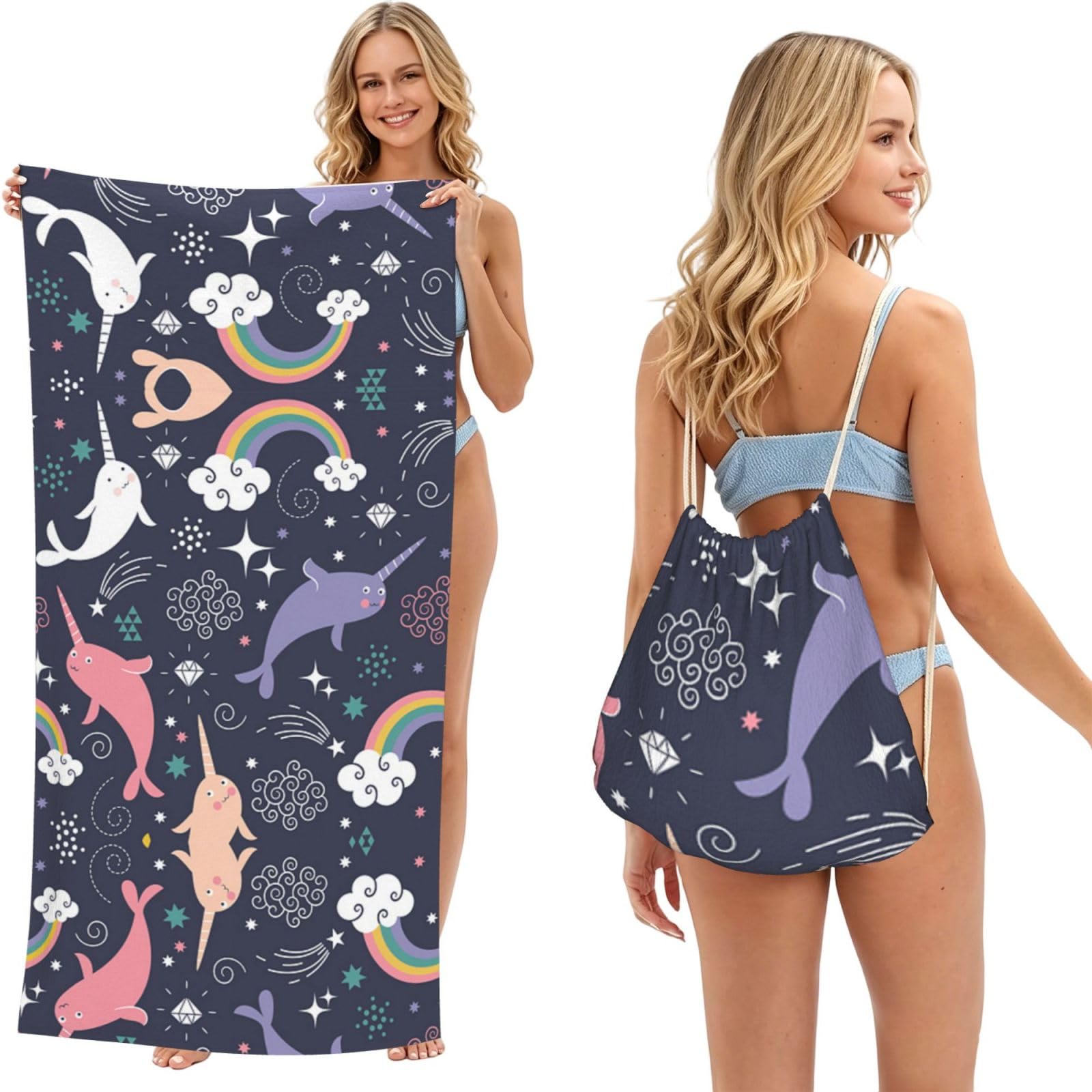 SATUSA Cute Sea Animal Rainbow Print 2-In-1 Foldable Beach Towel Backpack â€“ Camping, Yoga And Travel,Bath Towel With Built-In Storage, Convertible Beach Mat & Carry Bag