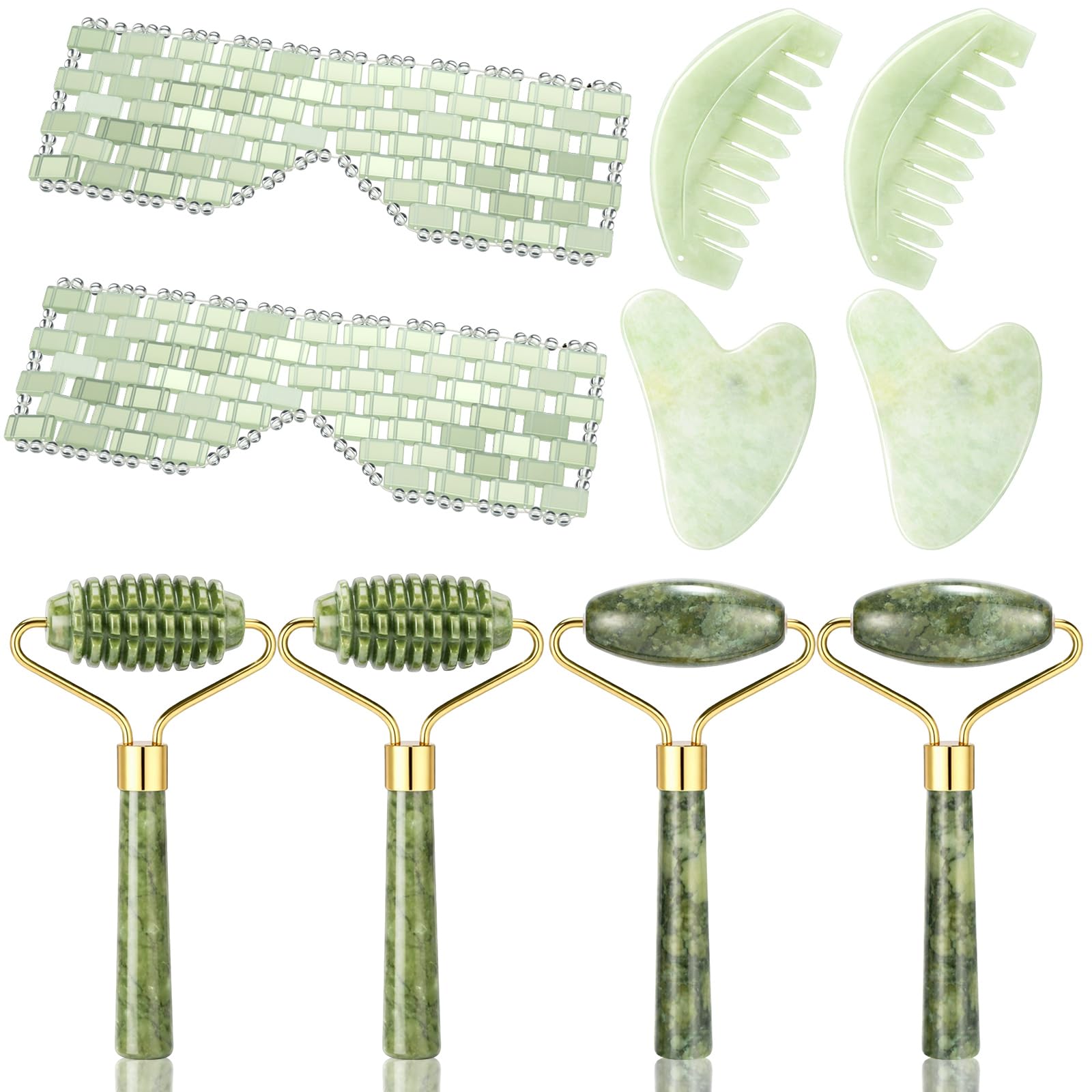Sliner 10 Pcs Gua Sha Facial Tools Set Jade Eye Mask Scalp Hair Comb Spiked Roller Jade Stone Eye Mask Gua Sha Board White Facial Cooling Set for Spa Relax Alleviate Puffiness Esthetician Supplies