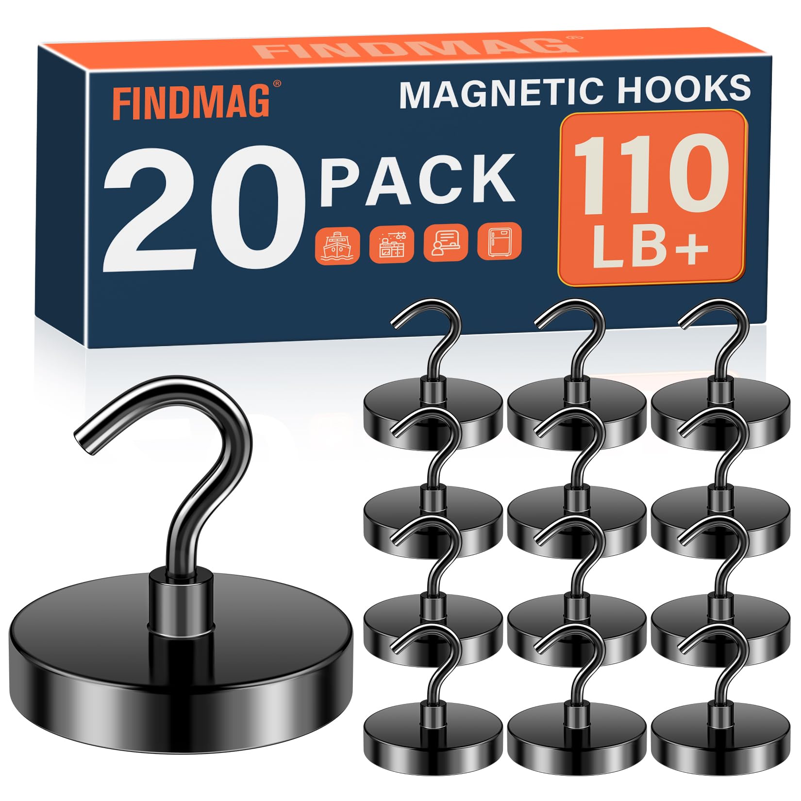 FINDMAG Black Magnetic Hooks, 110LB+ Magnet Hooks for Fridge, 20 Pack