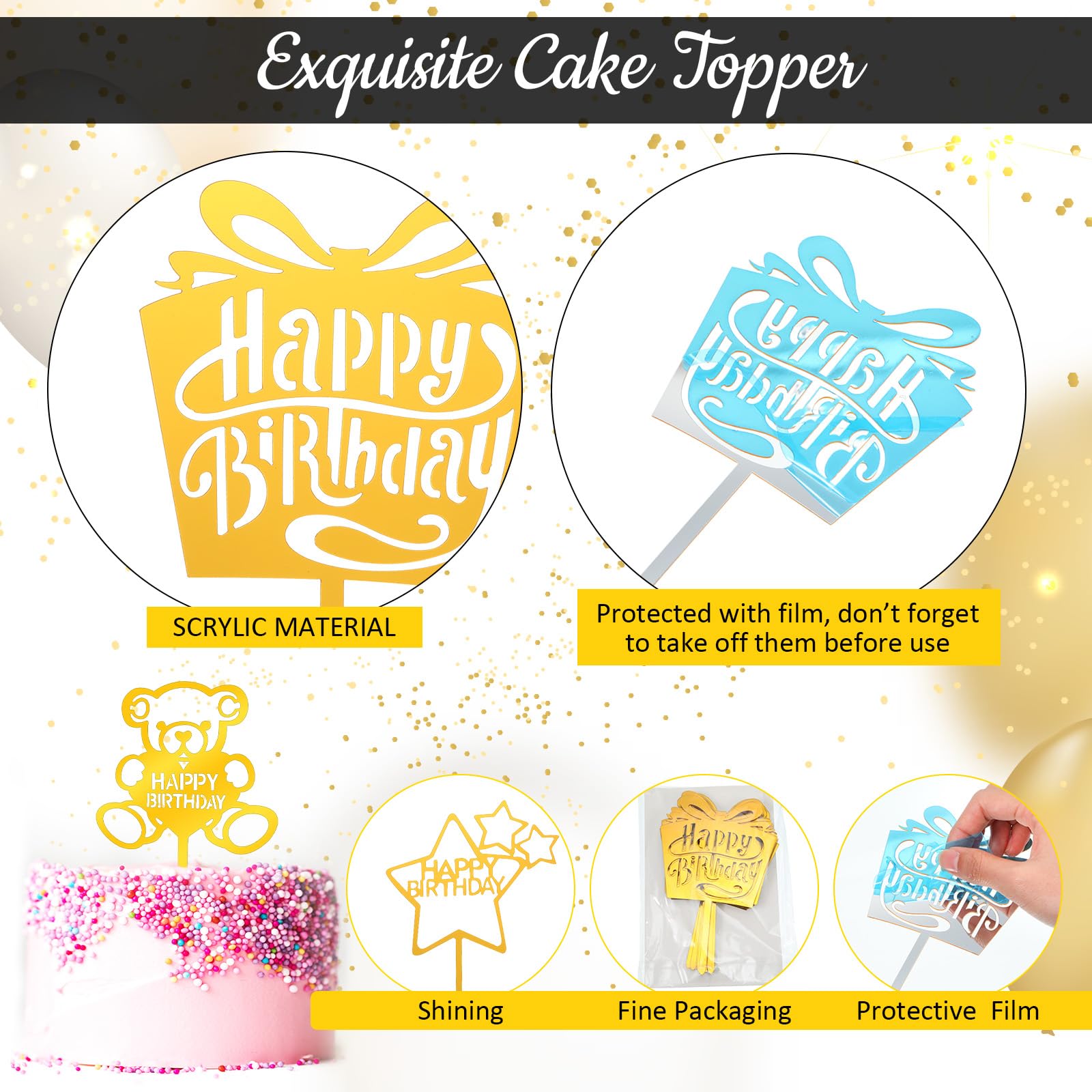 150 piezas de decoración dorada para tartas de feliz cumpleaños, decoración de pastel de cumpleaños con purpurina, decoración de pastel de cumpleaños de doble cara para niños o adultos, varios