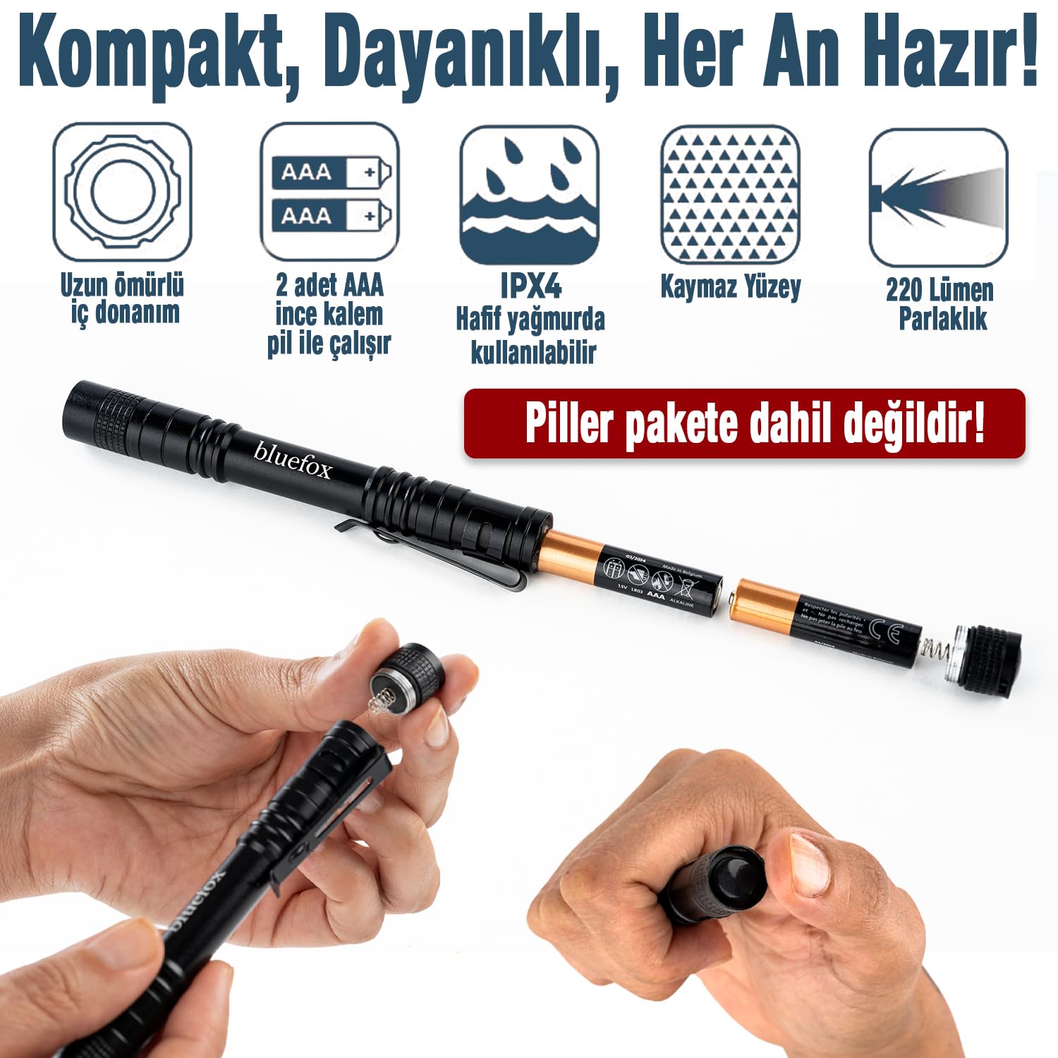Bluefox LED El Feneri, Dayanıklı Alüminyum Gövde, 220 Lümen, Klipsli, Su Geçirmez, Araç, Kamp, Balık