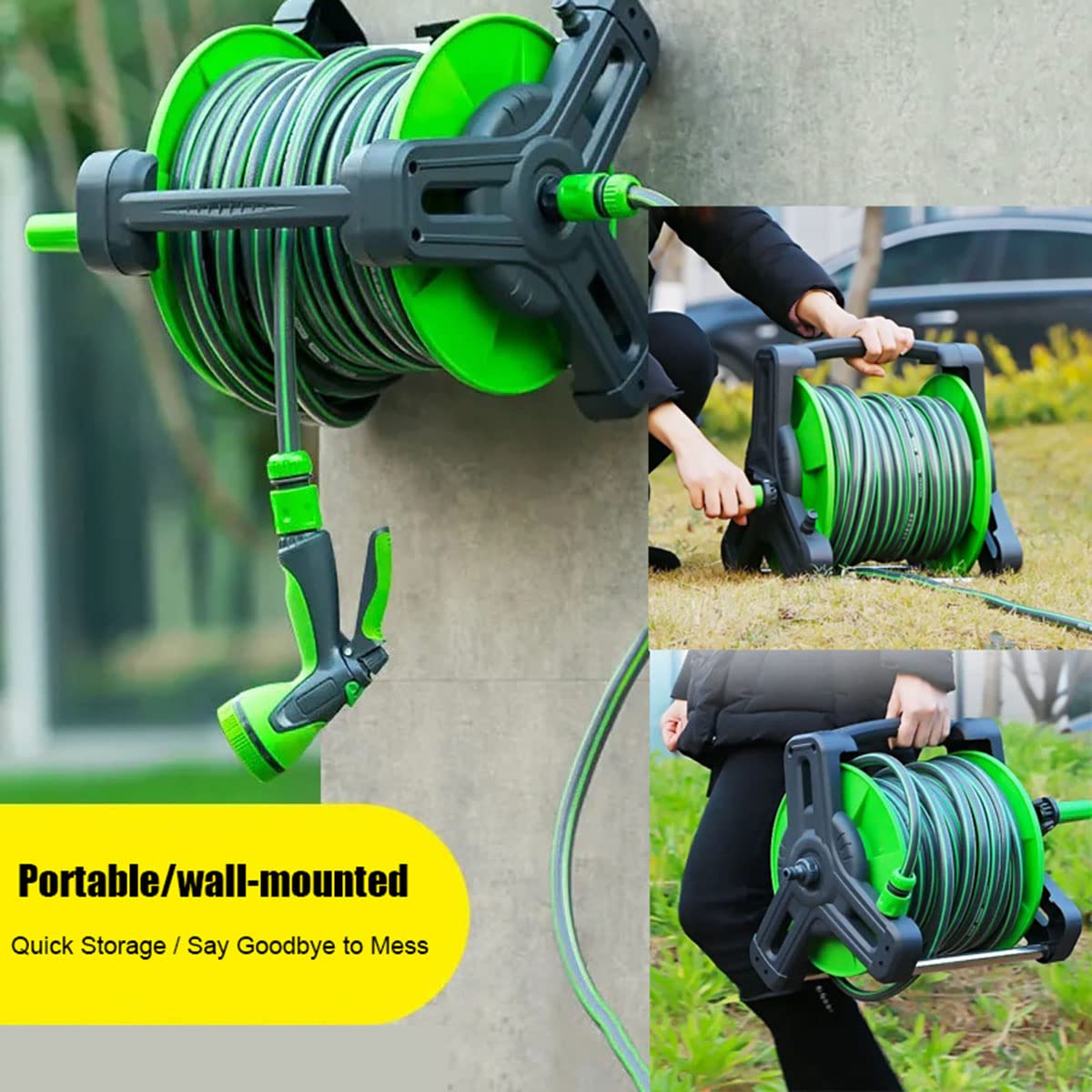 Carrete de manguera de jardín independiente o montado en la pared, juego de carrete de tubería de agua portátil con manguera de 1/2 "y boquilla de manguera de 10 patrones, transporte y almacenamient