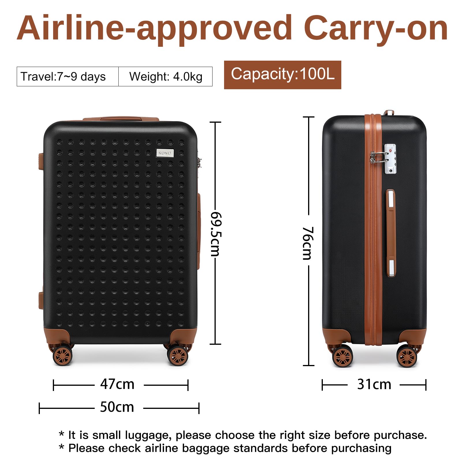 Kono Valigia Grande da 76cm Trolley Bagaglio Rigida e Leggero Valigie con TSA Lucchetto e 4 Ruote Girevoli (Nero)