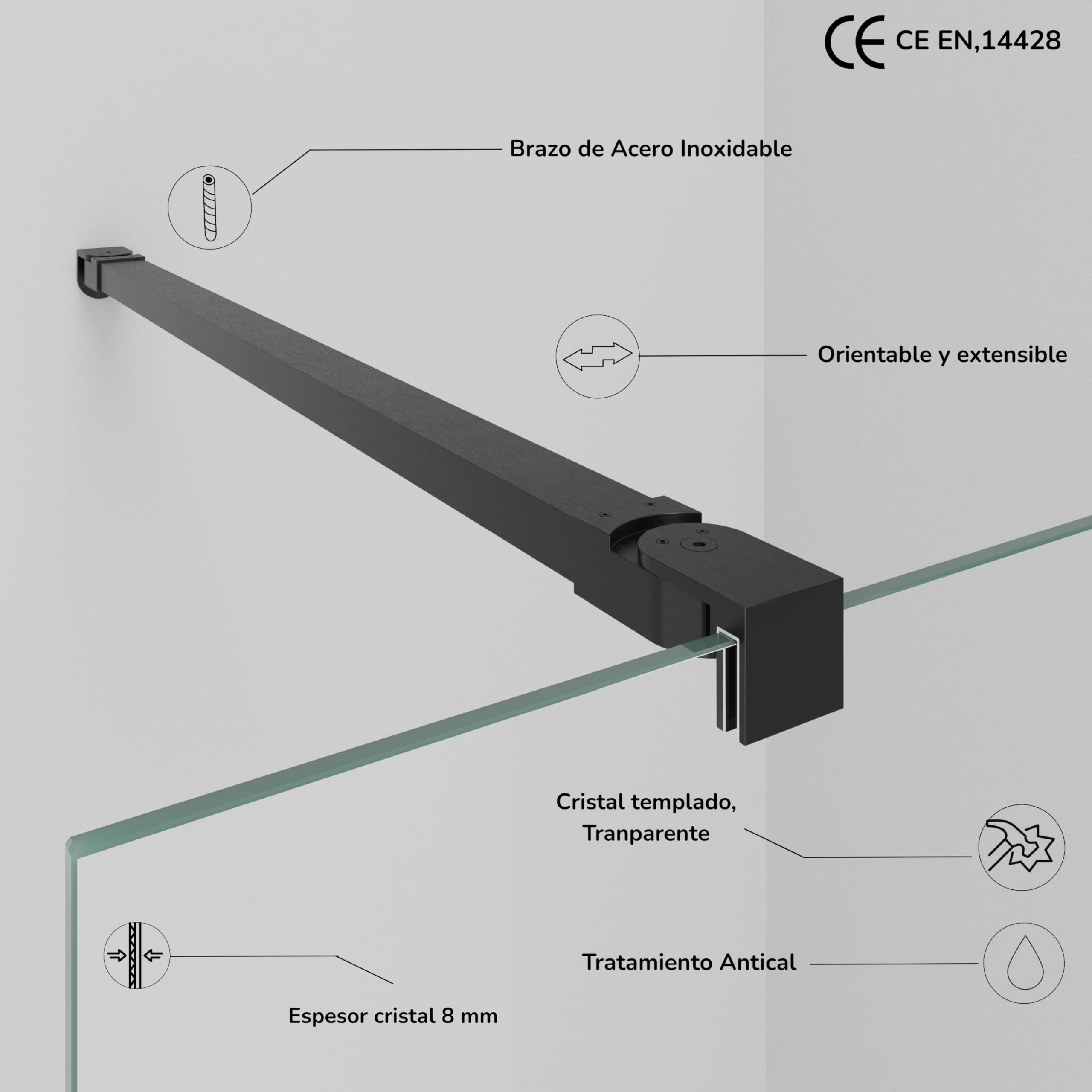 Mamparas de Ducha Fija con Cristal Abatible - Mampara Ducha Fija - Cristal templado 8 mm - Antical - Perfilería Negro Mate - 120 cm (Fijo) + 40 cm (Abatible) Ancho x 200 cm Alto