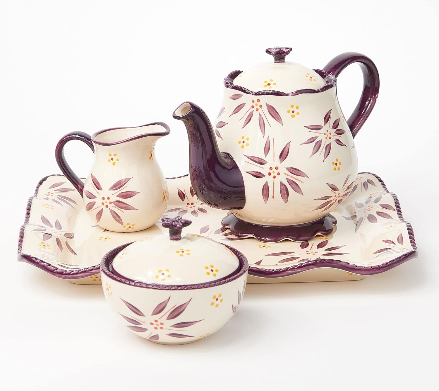 Temptations Tea Set TeaPot, Sugar Bowl, Creamer w/Fluted Rectangle Tray