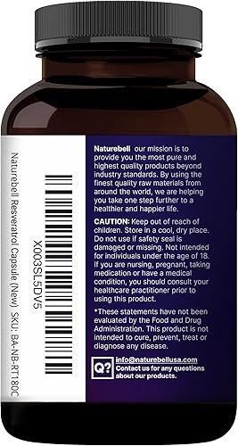 Miniatura 12 de NatureBell Suplemento de resveratrol de 1000 mg por porción, 180 cápsulas vegetales, trans-resveratrol 99% puro, antioxidante para un envejecimiento