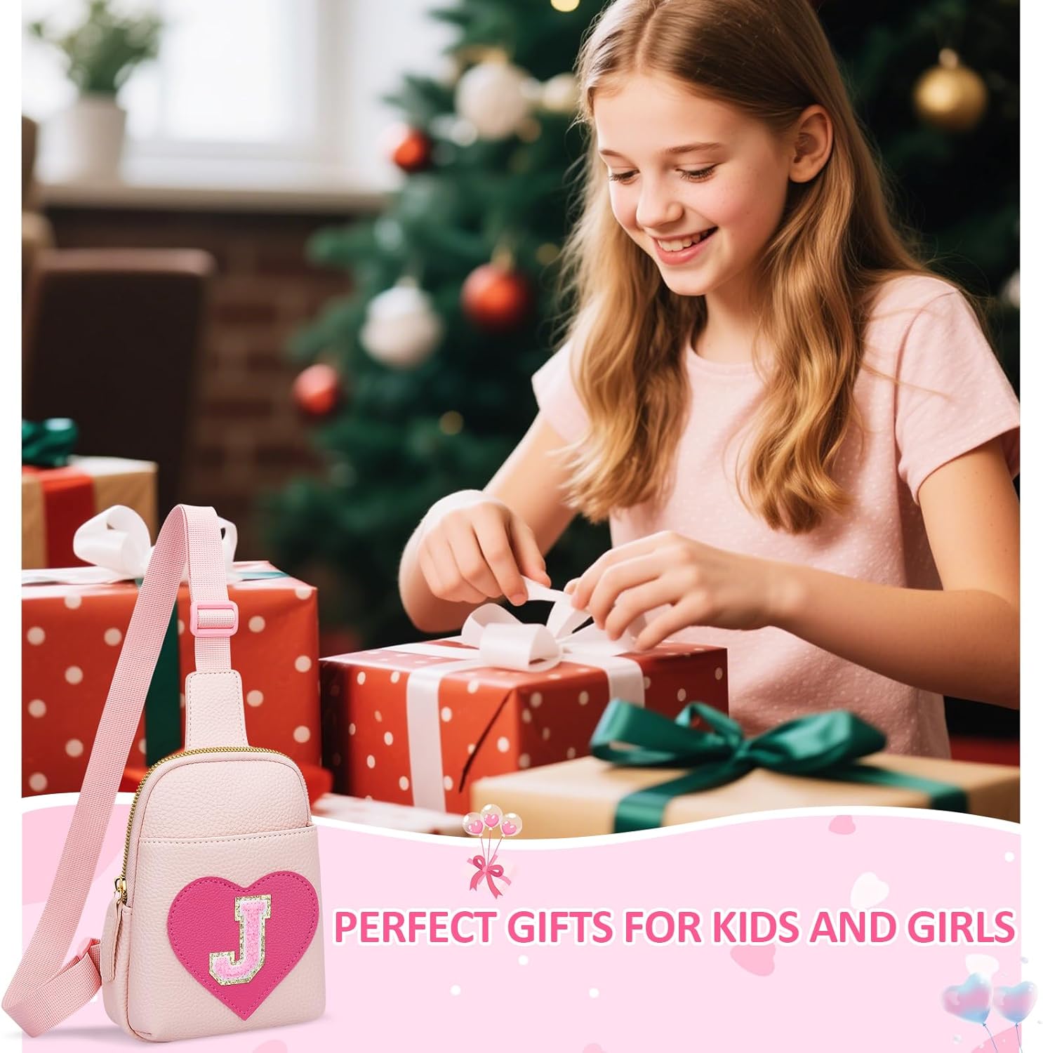 KKXIU Girls Sling Crossbody Bag Heart Initial Chest Bag Pink Mini Fanny Pack Personalized Gift for Kids Children - Image 2