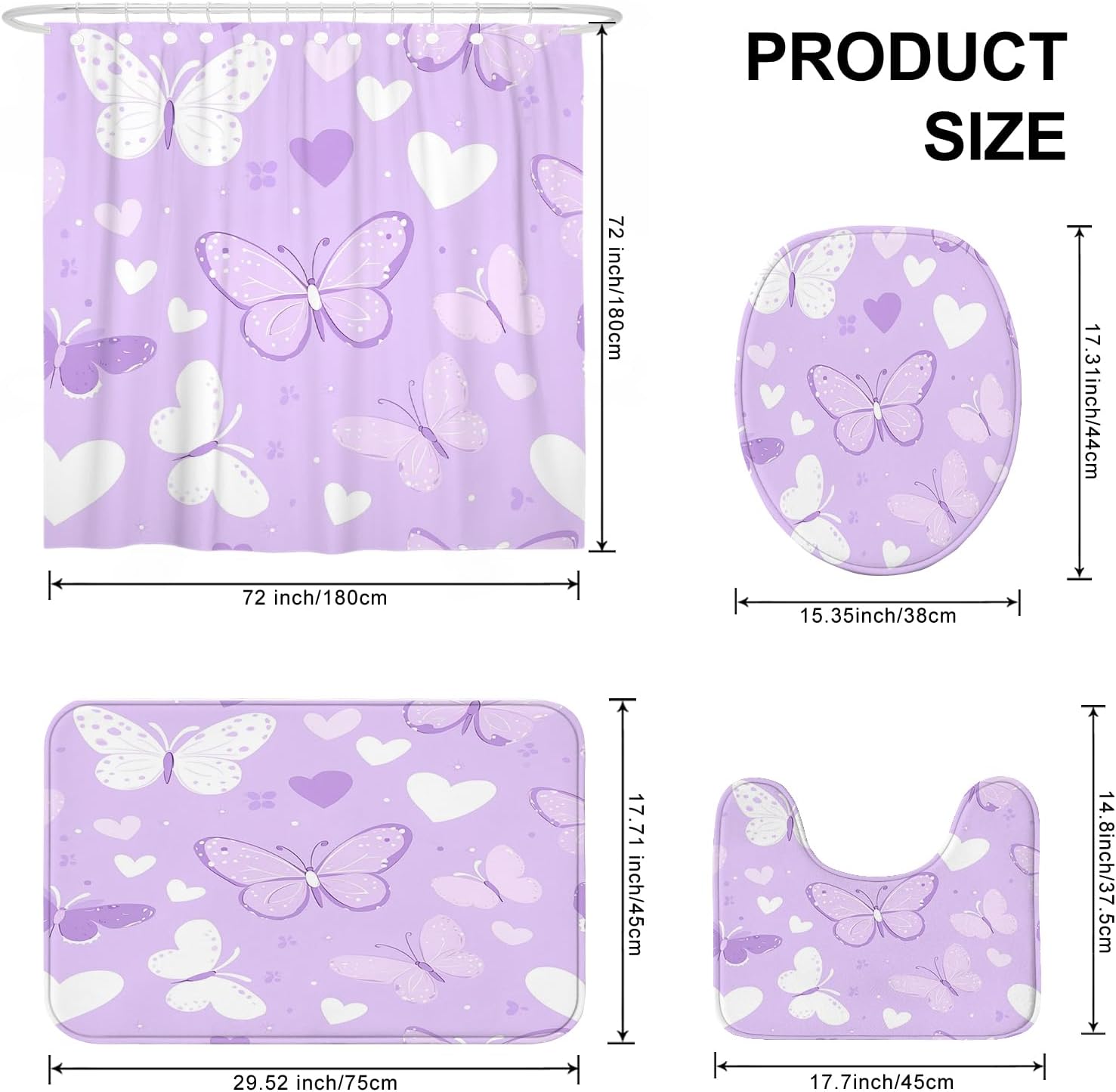 4PCS Violet Cute Butterflies Bathroom Accessory Sets with Non-Slip Rug, U Shape and Toilet Lid Cover Mat, Kawaii Fun Kids Bathroom Curtain Fabric Decor-72''x72''