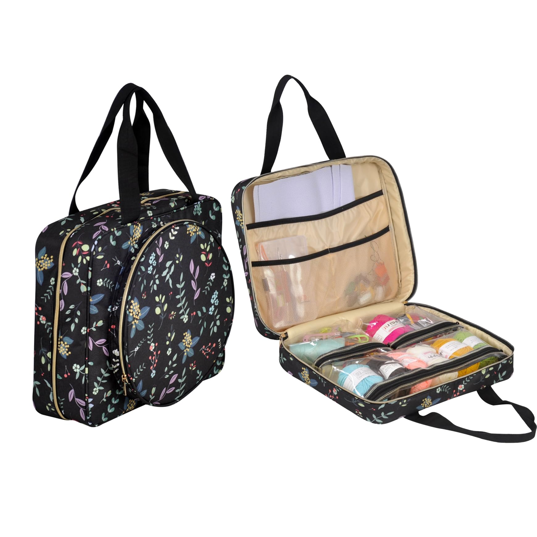 Portable Square Cross Stitch Starter Kits Bag Embroidery Project Bag Embroidery Tool Storage Tote Bag with Multifunctional Pockets, Bag Only (Black Leaves)