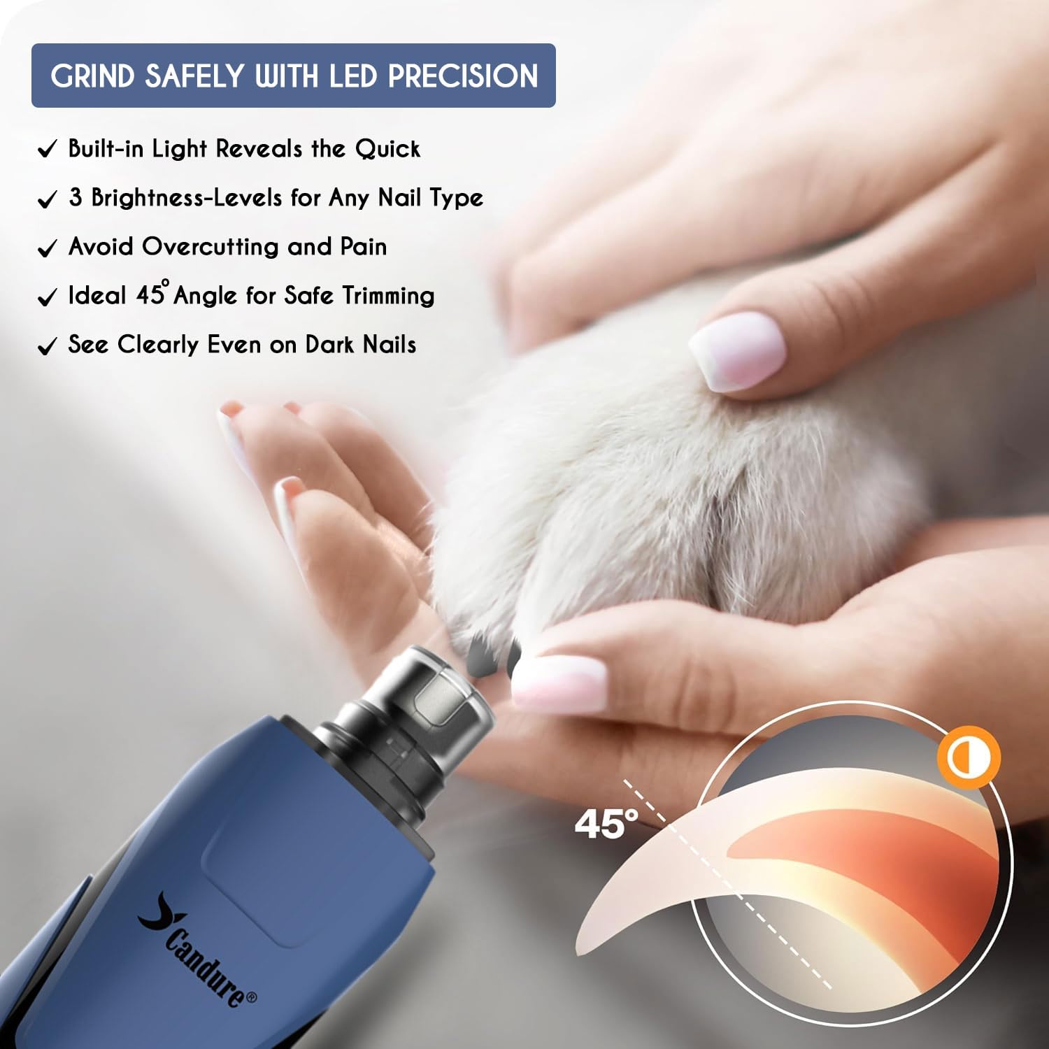 Candure Dog Nail Grinder Upto 6-Speed Dog Nail Trimmer for Large, Medium, Small Dogs, Cats & Pets - Low Noise Rechargeable Dog Claw Grinder with 360° LED Lights & Extra Grinder Head (Dark Blue) - image 6