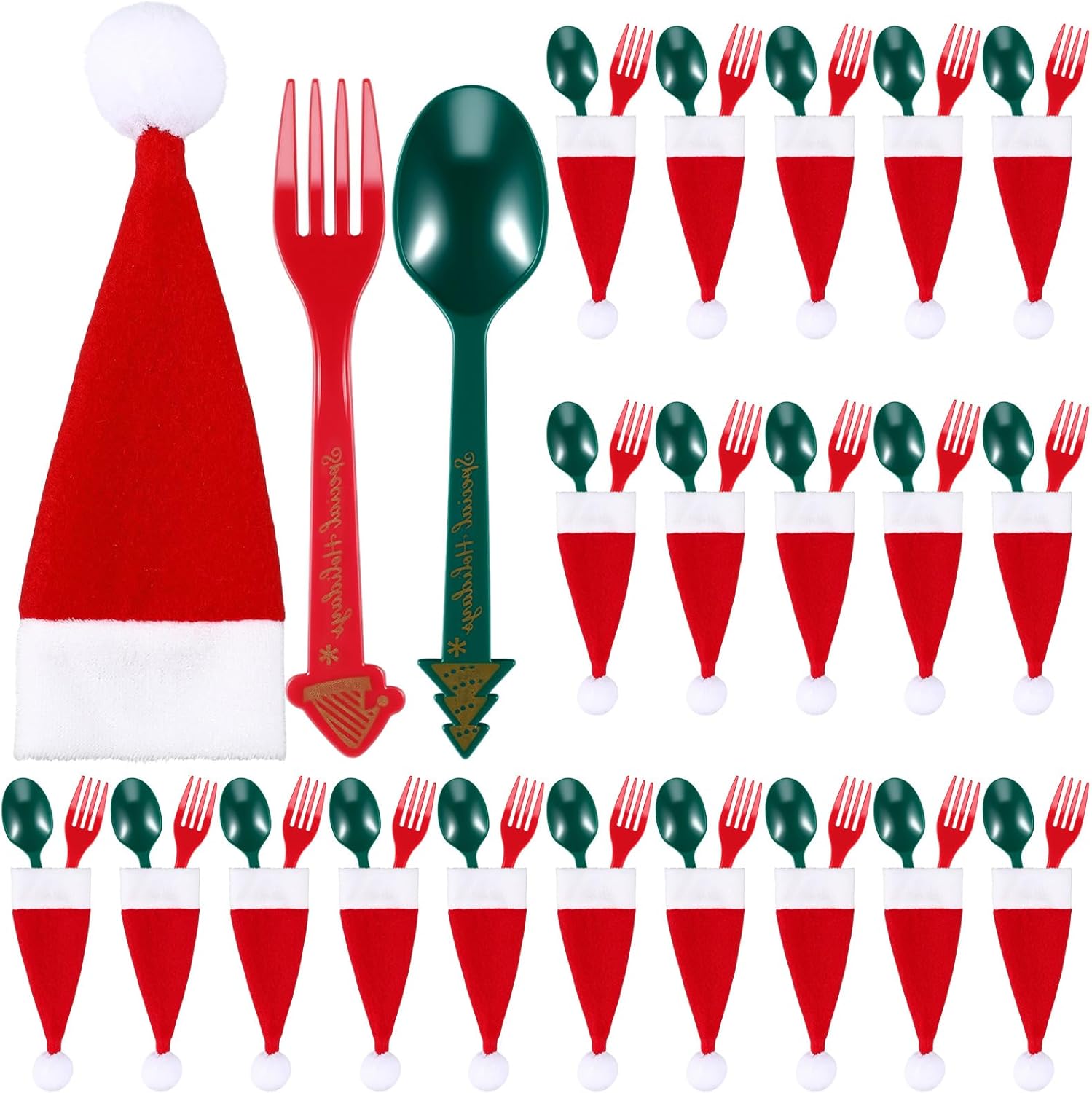 30 Set Christmas Plastic Silverware Set Include Spoons & Forks & Christmas Hat Silverware Stand Holders Utensils for Holiday Party Supplies