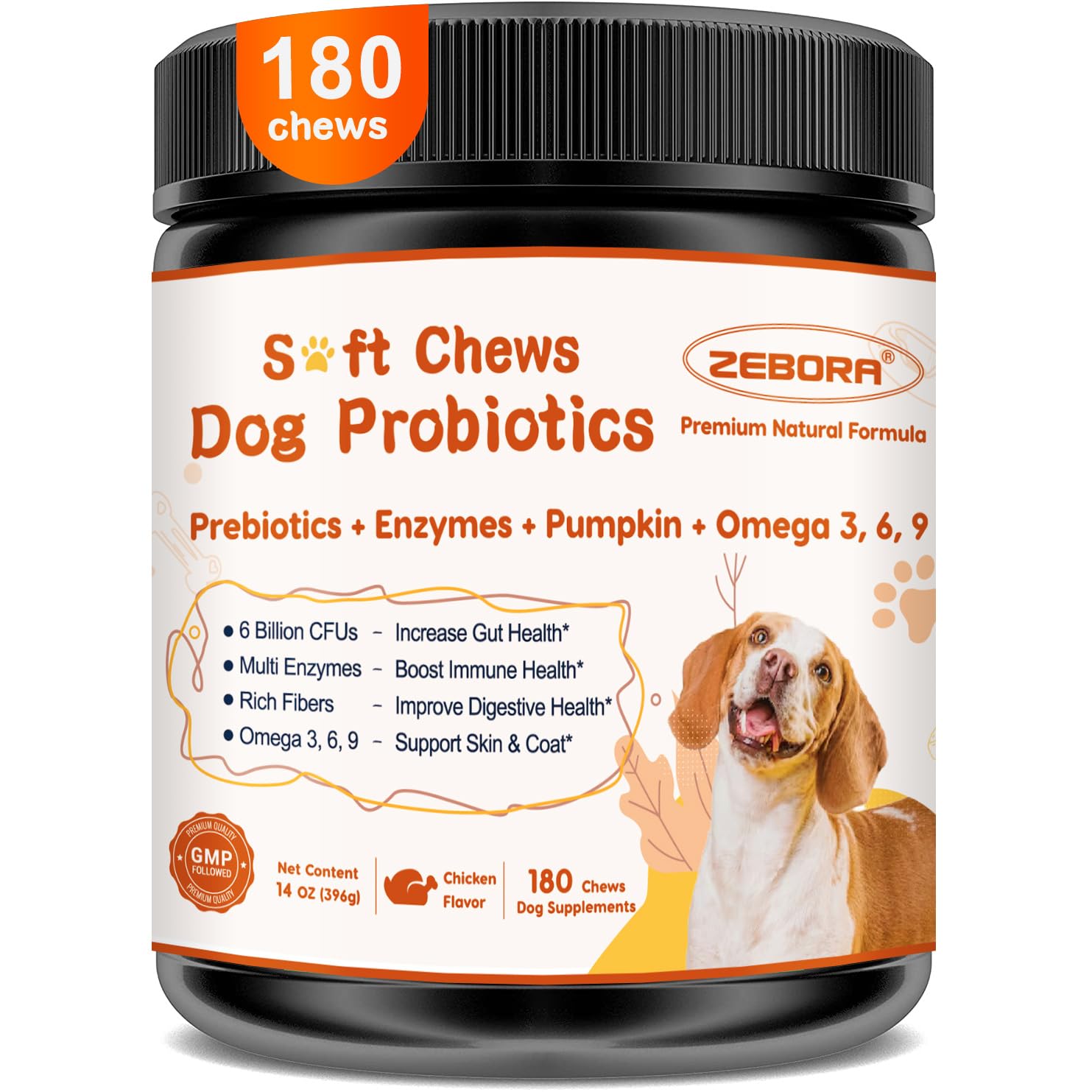 ZEBORA Probiotics for Dogs, Dog Probiotics, for Digestive Health, Plus Pumpkin and Fish Oil, for Gut & Itchy, 180 Soft Chews