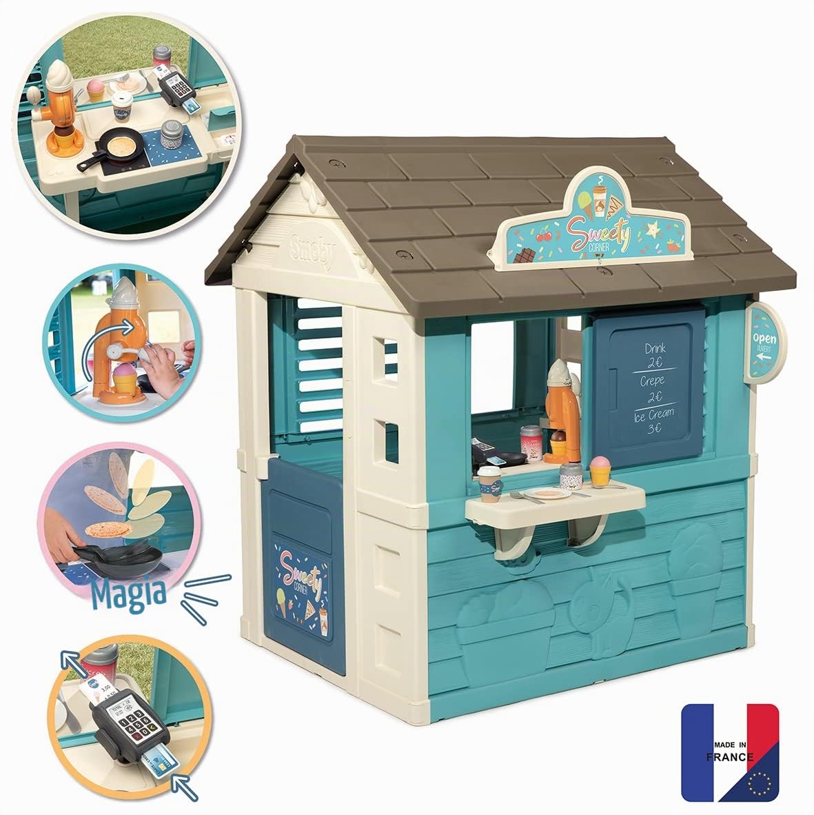 Smoby Casetta Sweety Corner Gelateria, 7600810718, + 2 Anni, con 18 Accessori Inclusi