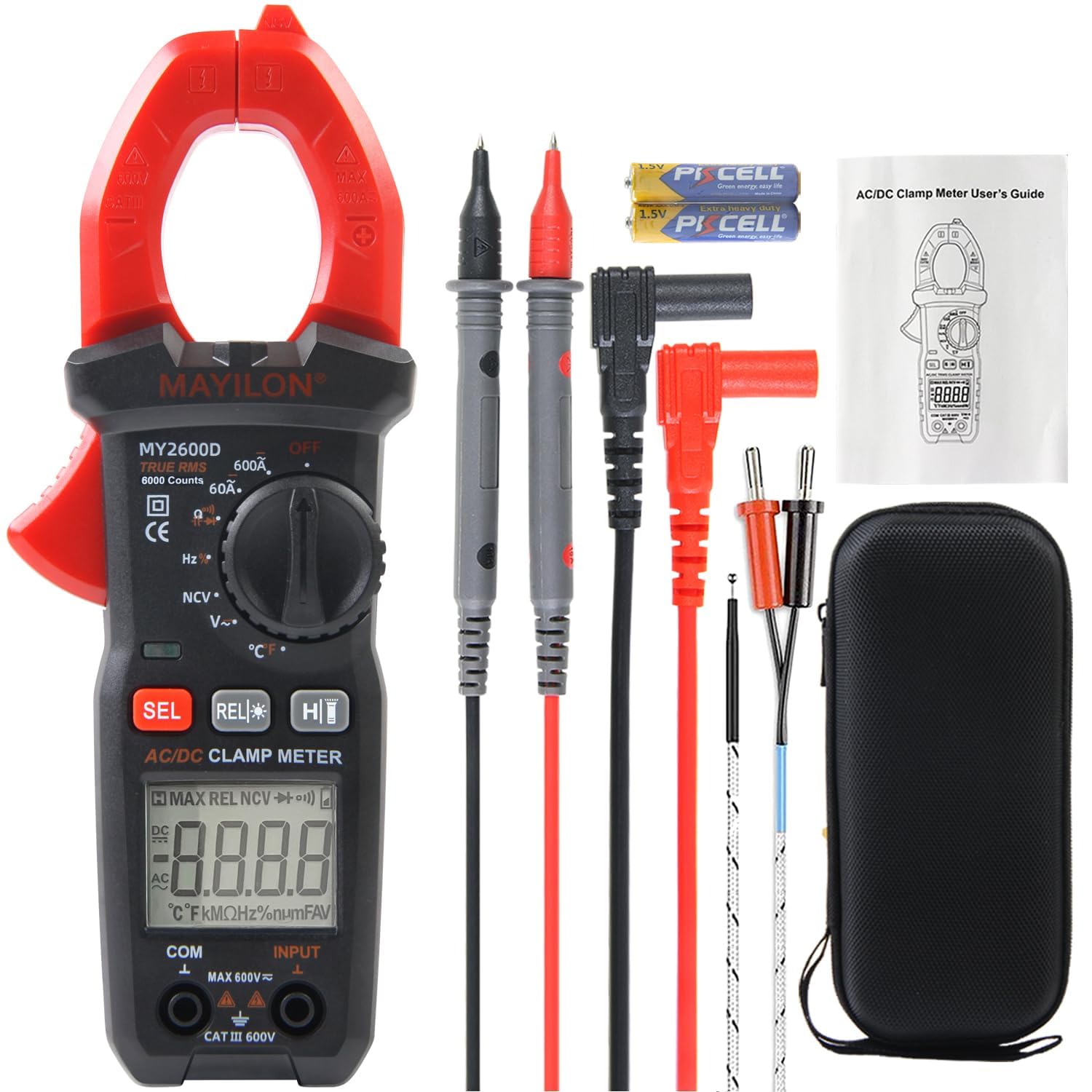 MAYILON MY2600D Current Clamp Meter 6000 Counts Current Meter Auto Ranging Clamp Multimeter Measures AC/DC Current Voltage NCV Resistance Capacity Continuity Diode Frequency Temperature