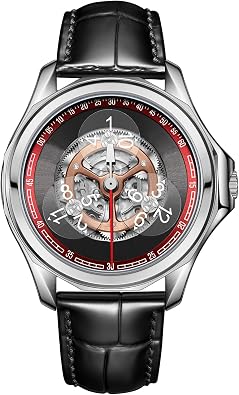 OBLVLO Luxury Mechanical Watch with Skeleton Dial, Black Leather Band, Silver Case