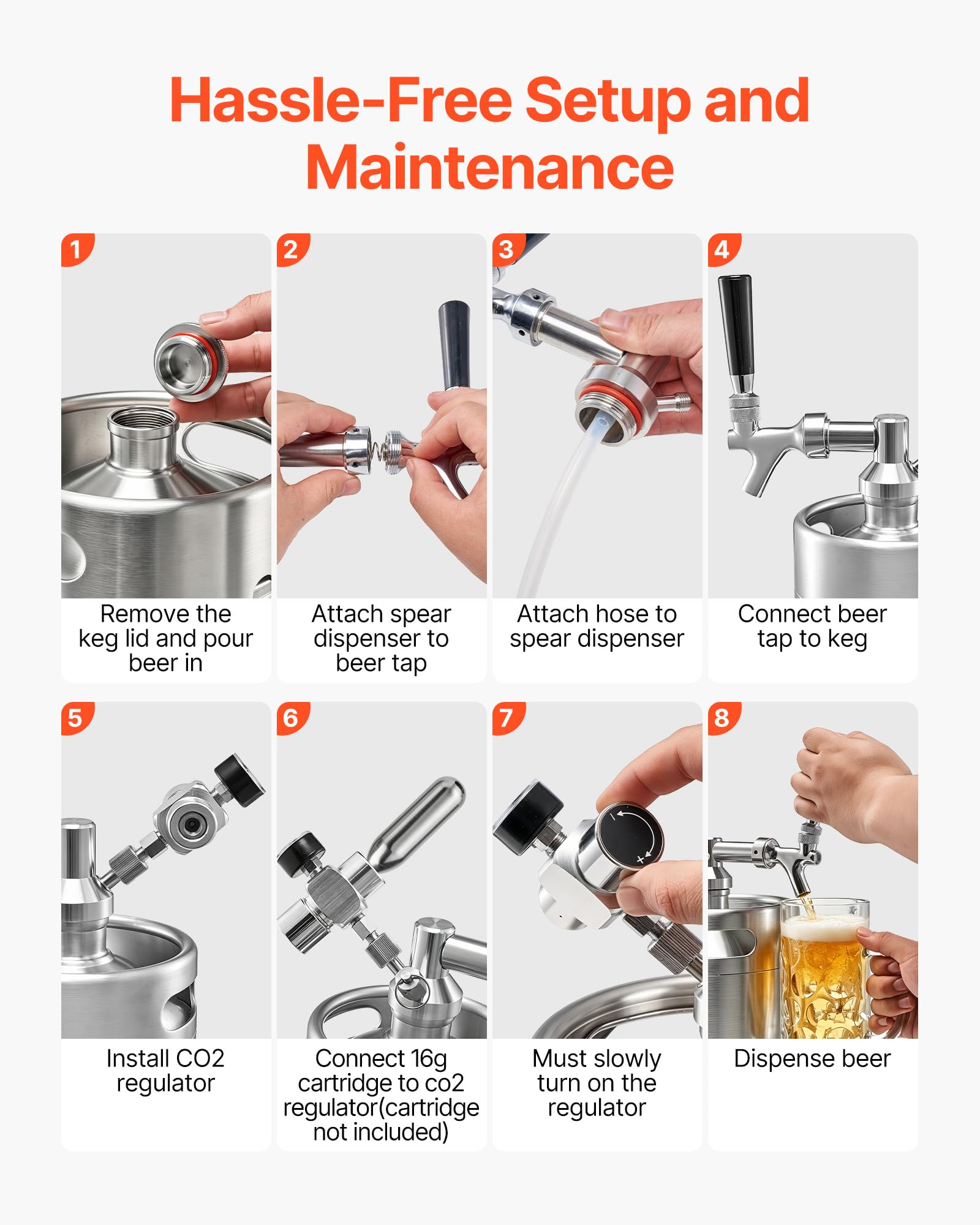 VEVOR Mini Barril Dispensador de Cerveza de 4 L de Acero Inoxidable 304, Con Regulador de CO₂ y Grifo de Cierre Automático, Compatible con Cartuchos de CO₂ de 16 g (No Incluido), Para Fiesta, Hogar