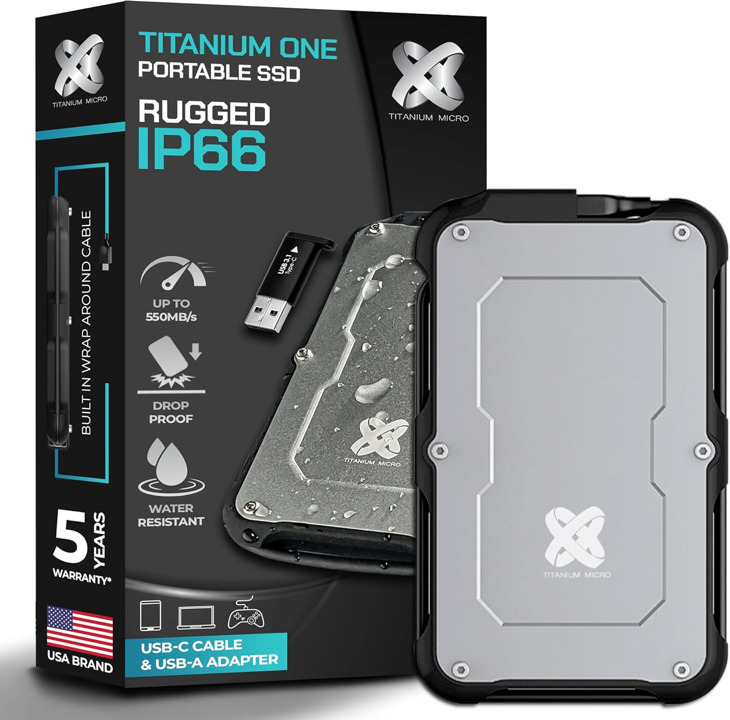 Titanium Micro 4TB External SSD, Titanium One Portable SSD - Up to 550MB/s, USB 3.2 Gen 2 USB-C USBA, Rugged IP66 Water Resistance, Drop Proof, External Solid State Drive Storage for PC Mac Smartphone