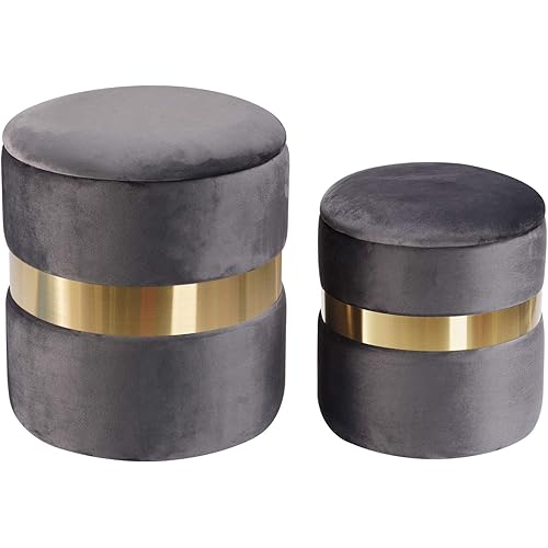 DEERUN Round Velvet Storage Ottoman Foot Rest Stool/Upholstered Footstool/Side Table Seat Make Up Stool with Stainless Steel Band, Pack of 2 (Dark Gray)