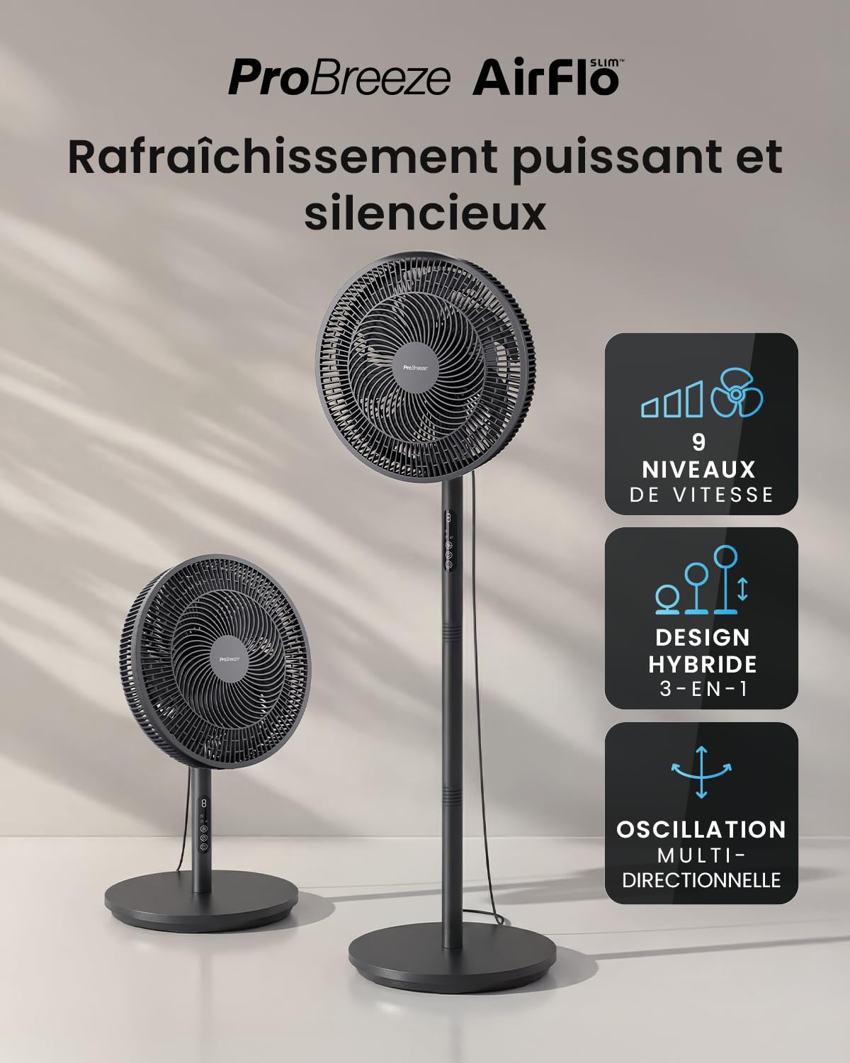 Pro Breeze AirFlo Slim – Ventilateur sur Pied 109 cm Silencieux & Puissant, 9 Vitesses, Oscillation 95°, Hauteur Réglable 70-130 cm, Télécommande, 3 Modes, Basse Consommation, Chambre, Bureau & Salon