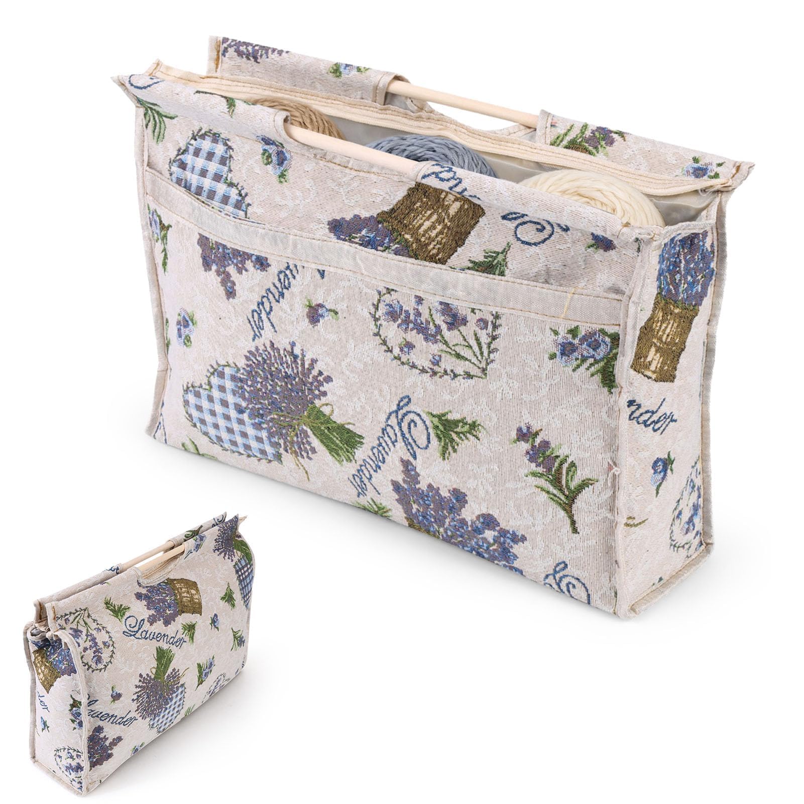 Fabric Knitting Needles Bag,Exquisite Wood Handle Fabric Storage Bag,Knitting Organizer Foldable Traveling Yarn Crochet Woven Organizer with Convenient Zipper Fastener,16.5*11.8*4.3in (Blue Flower)