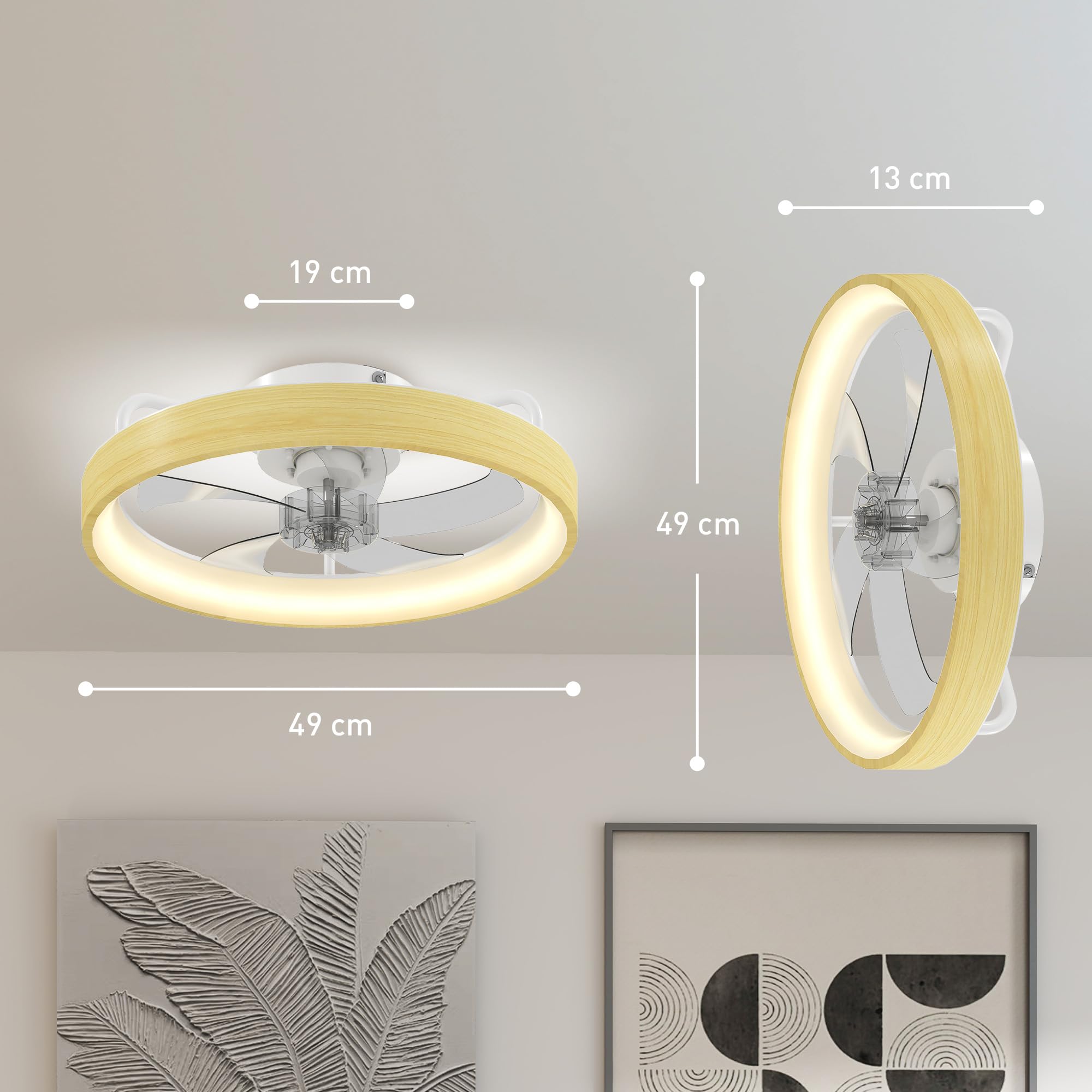 HOMCOM Ventilateur de plafond avec lumière LED plafonnier ventilateur Ø49 cm 7 pales moteur DC silencieux 6 vitesses 3 températures de couleur luminosité réglable télécommande minuterie mode été-hiver