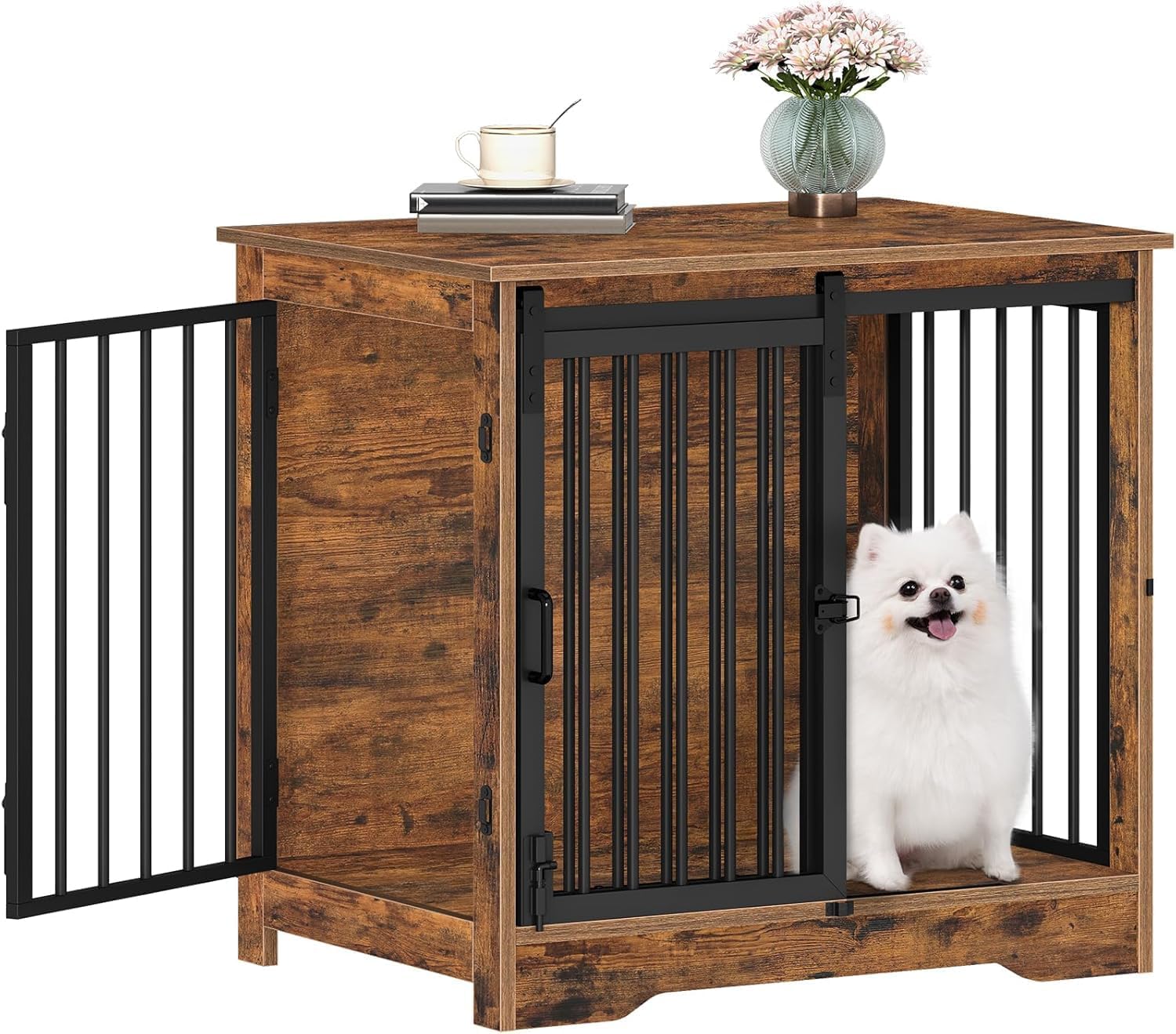 27.2" Dog Crate Furniture with Barn Door, Heavy Duty Dog Kennel Indoor with 2 Doors, Wooden Pet Cage End Table for Small Medium Dogs up to 22 lb, Anti-Chew Anti-Escape, Rustic Brown DFC84301B