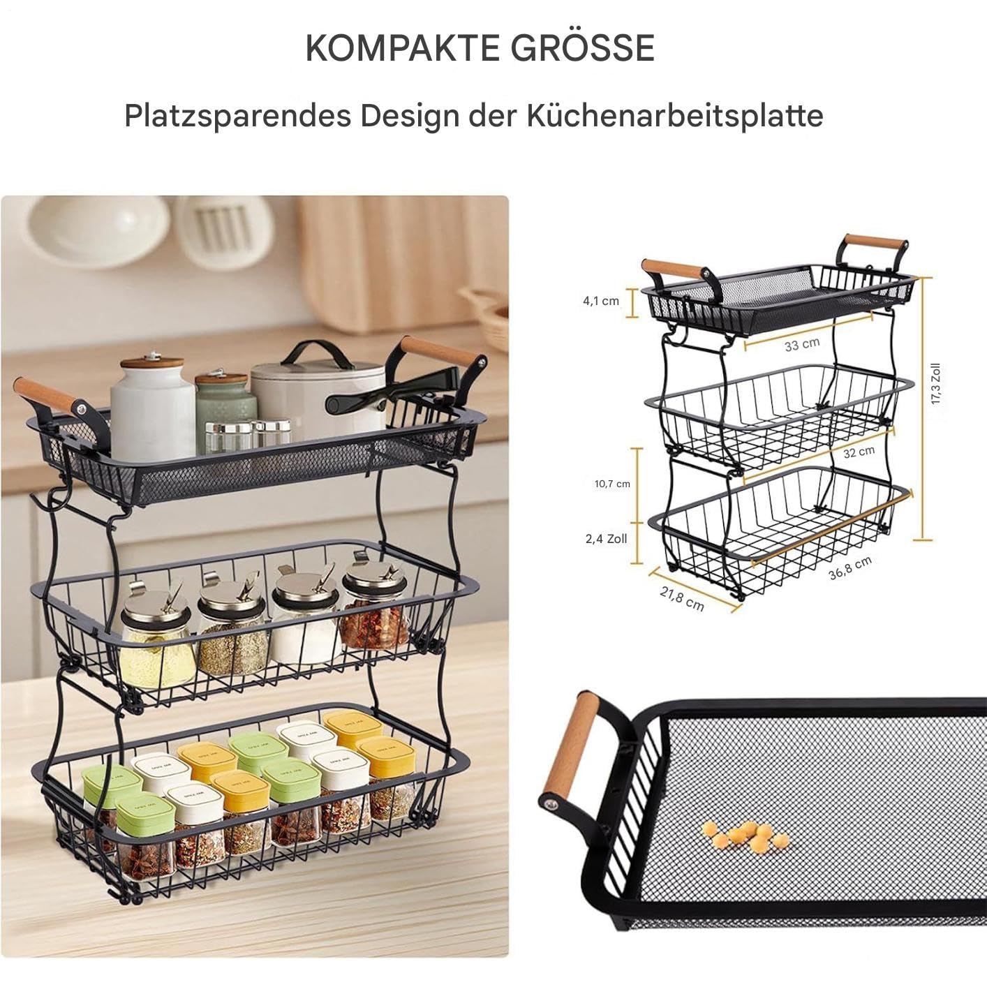 3-poziomowy kosz do przechowywania owoców do kuchni | Metalowy organizer do przechowywania drutu z hakiem bananowym na chleb przekąski spiżarnia dom mieszkanie gospodarstwo