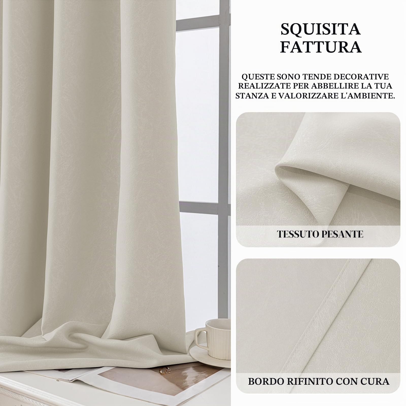 Ystyle Tende Oscuranti per Interni 2 Pezzi, 140x300 CM, Termiche Isolanti, Anti-Rumore, con Anelli, Tenda Moderna Per Camera da Letto e Soggiorno, Beige