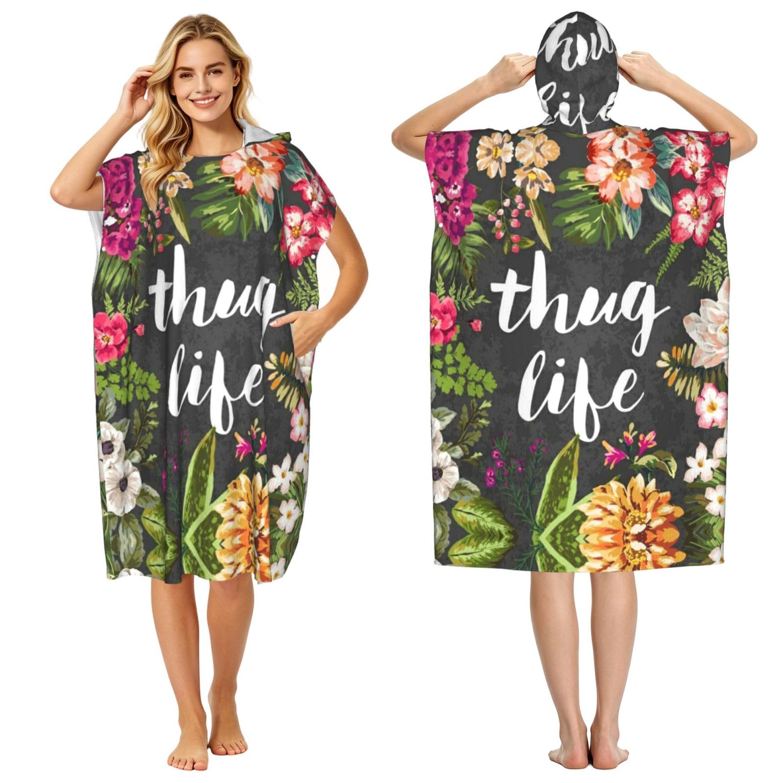 Poncho à capuche en microfibre absorbante Thug Life au design floral coloré