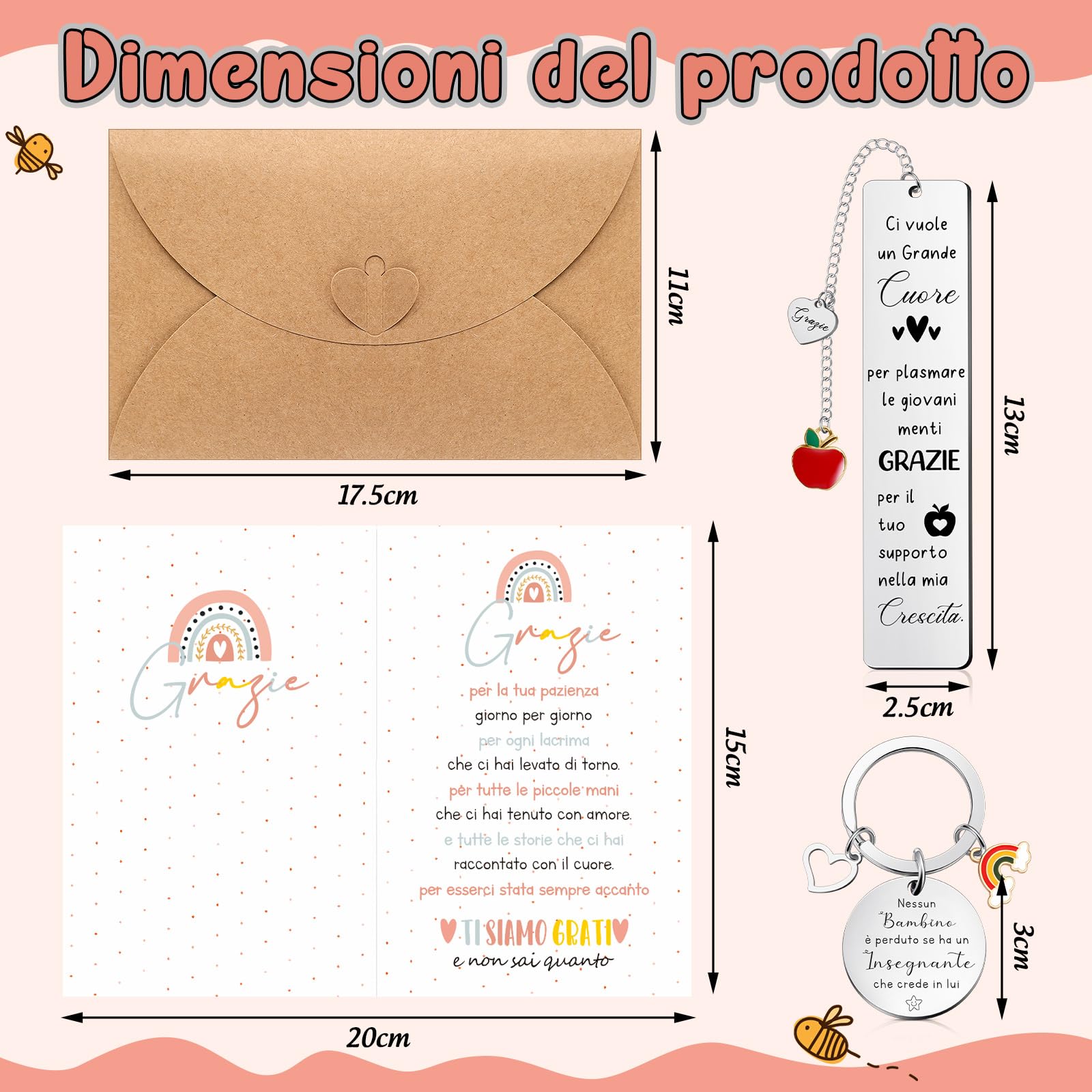Tenare 6 Set Idee Regalo Insegnanti Include 6 Segnalibri Maestra 6 Portachiavi Insegnanti 6 Biglietti Arcobaleno e 6 Buste Regalo Maestra Fine Anno per Asilo Ci Vuole un Grande Cuore