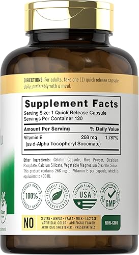 Miniatura 2 de Carlyle Vitamina E seca | 400 UI (268 mg) | 120 cápsulas | Fórmula de alta potencia | Sin OMG y sin gluten