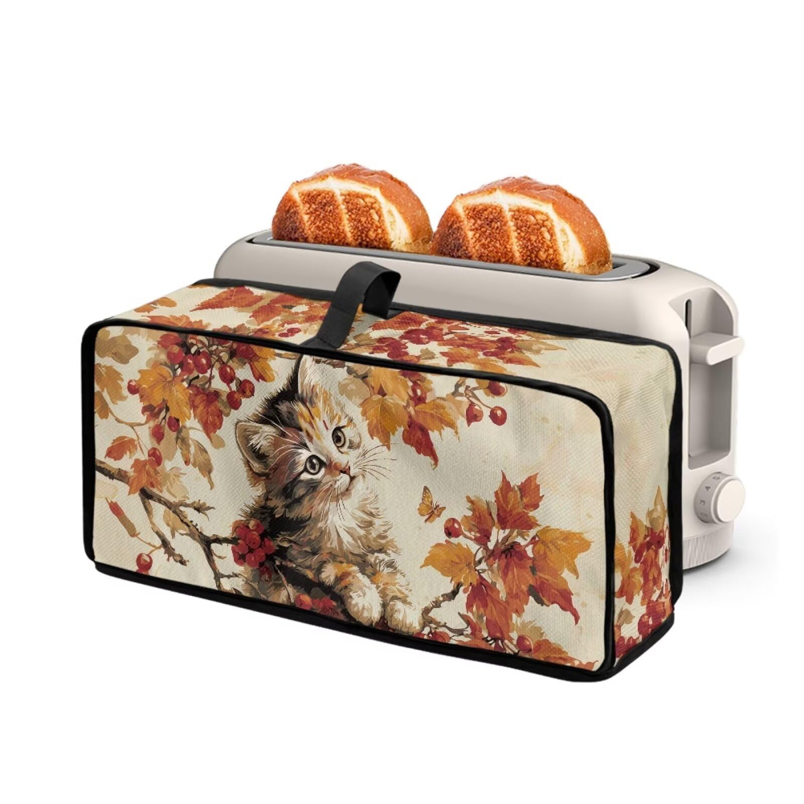 2 Slice Slim Toaster Cover Long Slot Bread Maker Machine Cover with Top Handle Kitchen Small Appliance Dust Protection Thanksgiving Day Maple Leaf Cat
