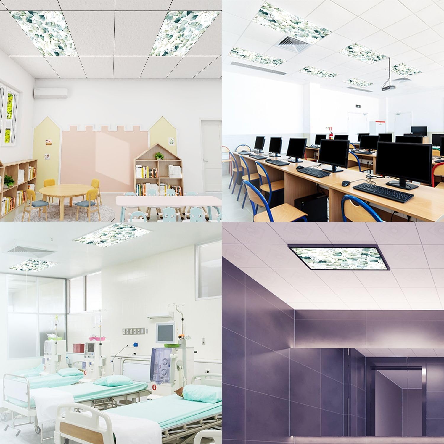 Fluorescent Light Covers for Ceiling Lights Seamless Watercolor Floral Green Leaves Branches Easy to Install Magnetic Light Filter for Classroom Office Hospitals School Home Decor