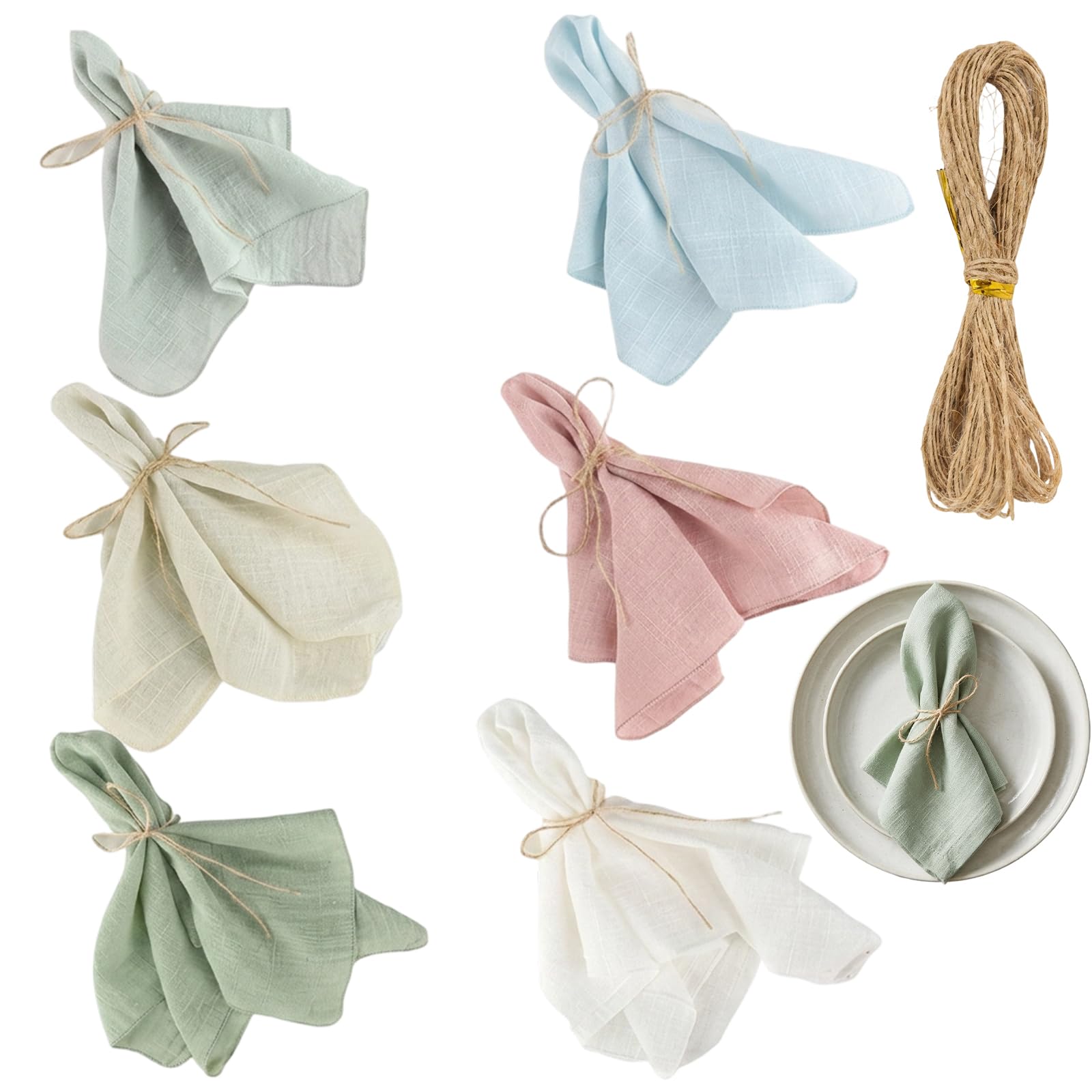 7Pcs Cloth Napkins & Linen Napkins, Set of 6 Hemstitch Napkins with a Bundle of Jute Twine, Premium Dining Table Linen, Assorted Colours for Everyday and Special Occasions