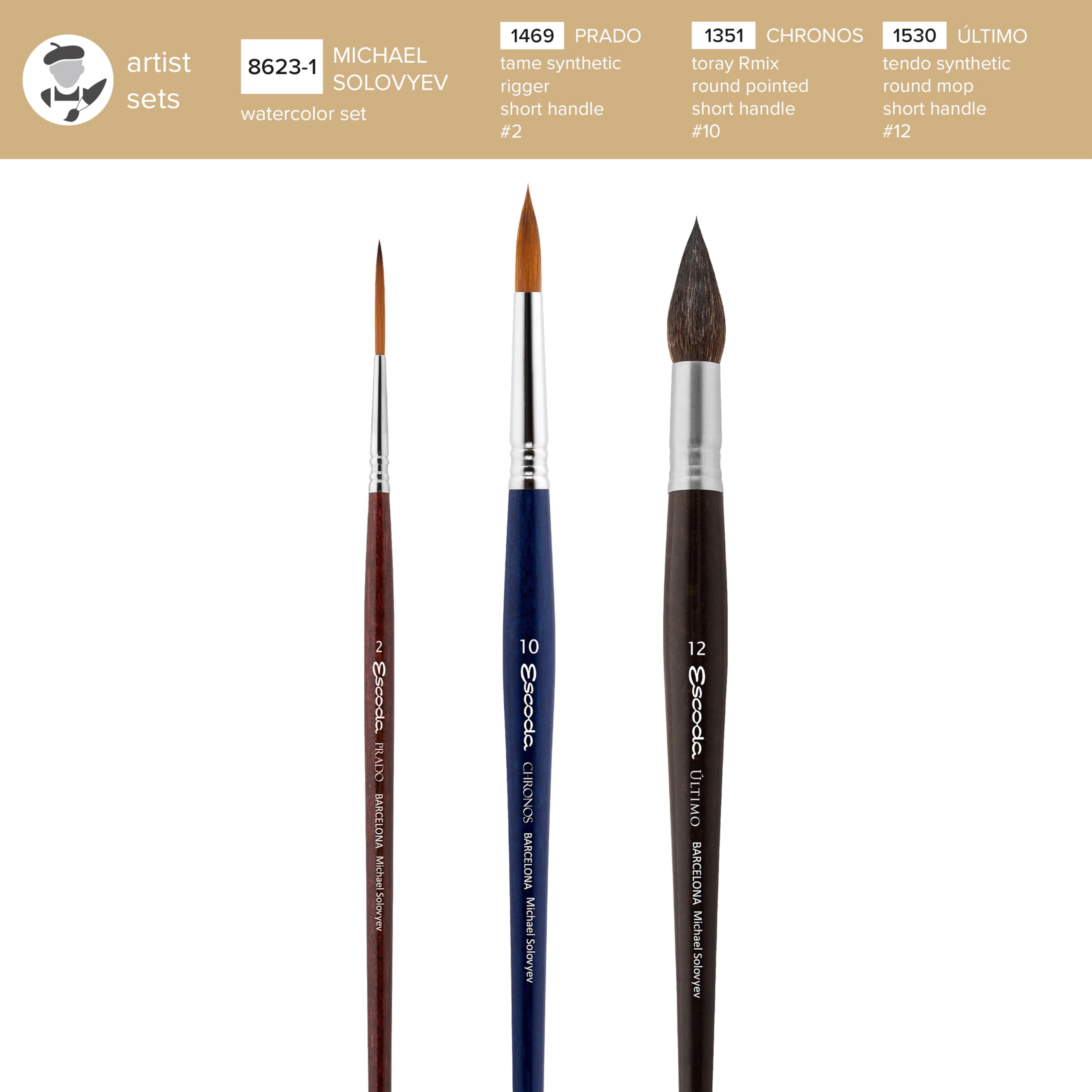 Escoda, Aquarell Künstler-Set Michael Solovyev, Größe 2, 10, 12, 3 Pinsel, Natur-Synthetik, Tame + Toray-RMix (90 % Gold-Toray – 10 % Rotmarder) + Tendo, Liner + Runder Spitzpinsel + Runder Mop-Pinsel