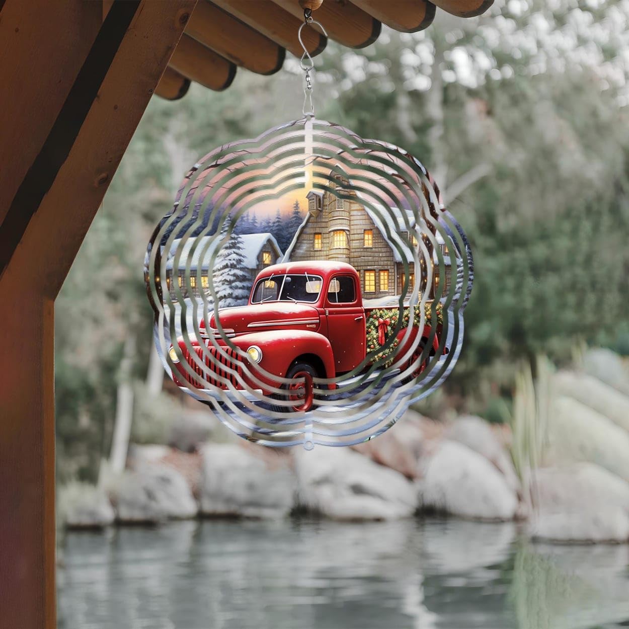 Red Truck Farmhouse Winter Christmas Wind Spinners 3D Stainless Steel Laser Cut Metal Double Sided Printing-Hanging Indoor/Outdoor Decorations Yard Gardening Decor,Metal Kinetic Art 16x16 inches