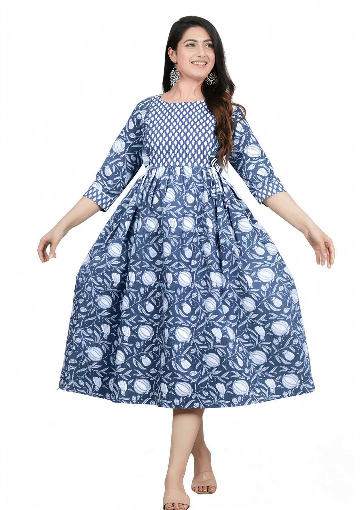 Women's Cotton Anarkali Comfortable Maternity Kurti Nursing Feeding Kurta Dress with Zipper Blue-image-8